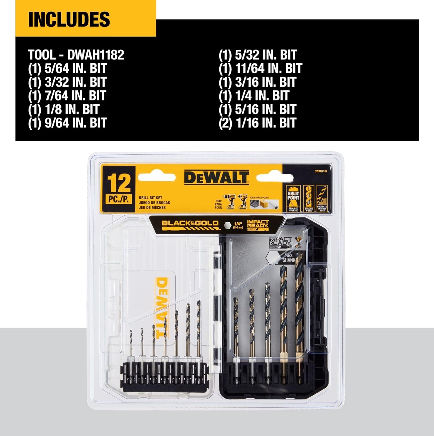 image:imageDEWALT 12 Pc Black and Gold Drill Bit Set Premium Finish Impact Driver Bit Set for Metal Plastic and Wood DWAH1182