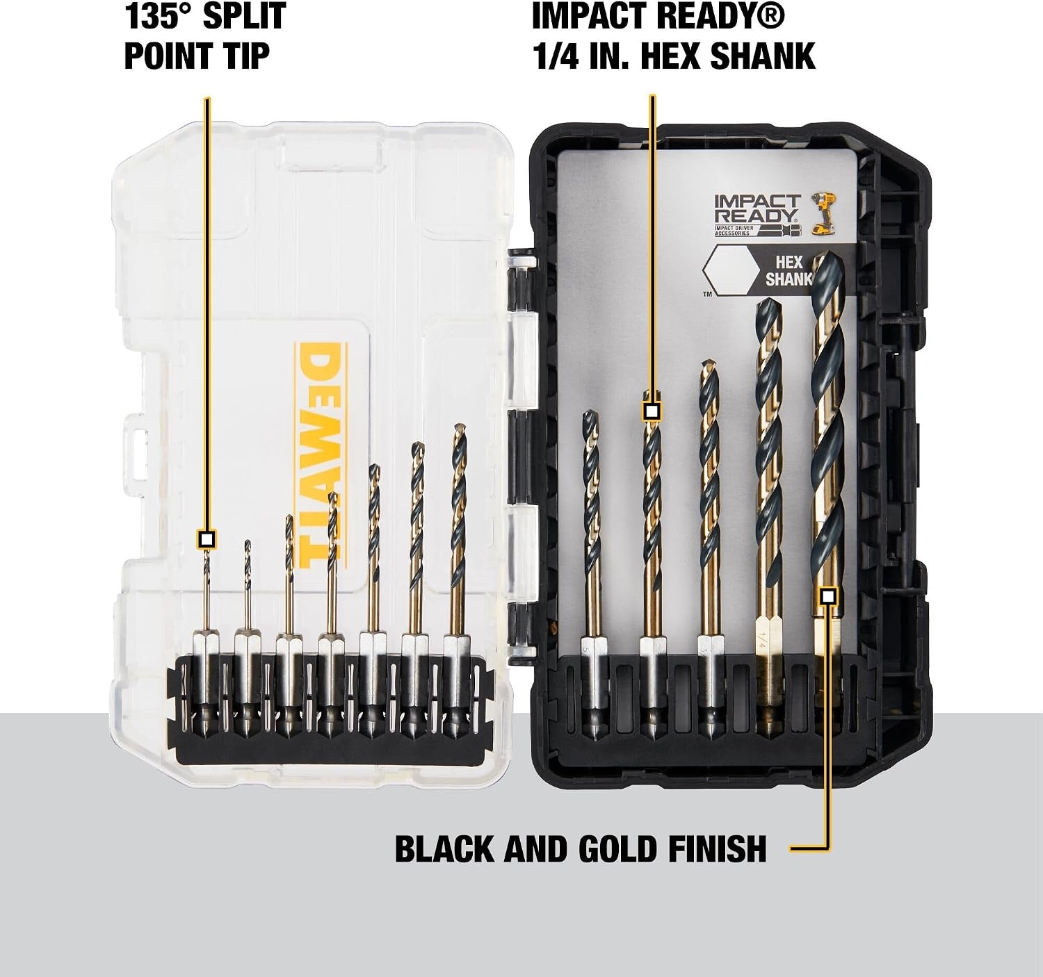 image:imageDEWALT 12 Pc Black and Gold Drill Bit Set Premium Finish Impact Driver Bit Set for Metal Plastic and Wood DWAH1182