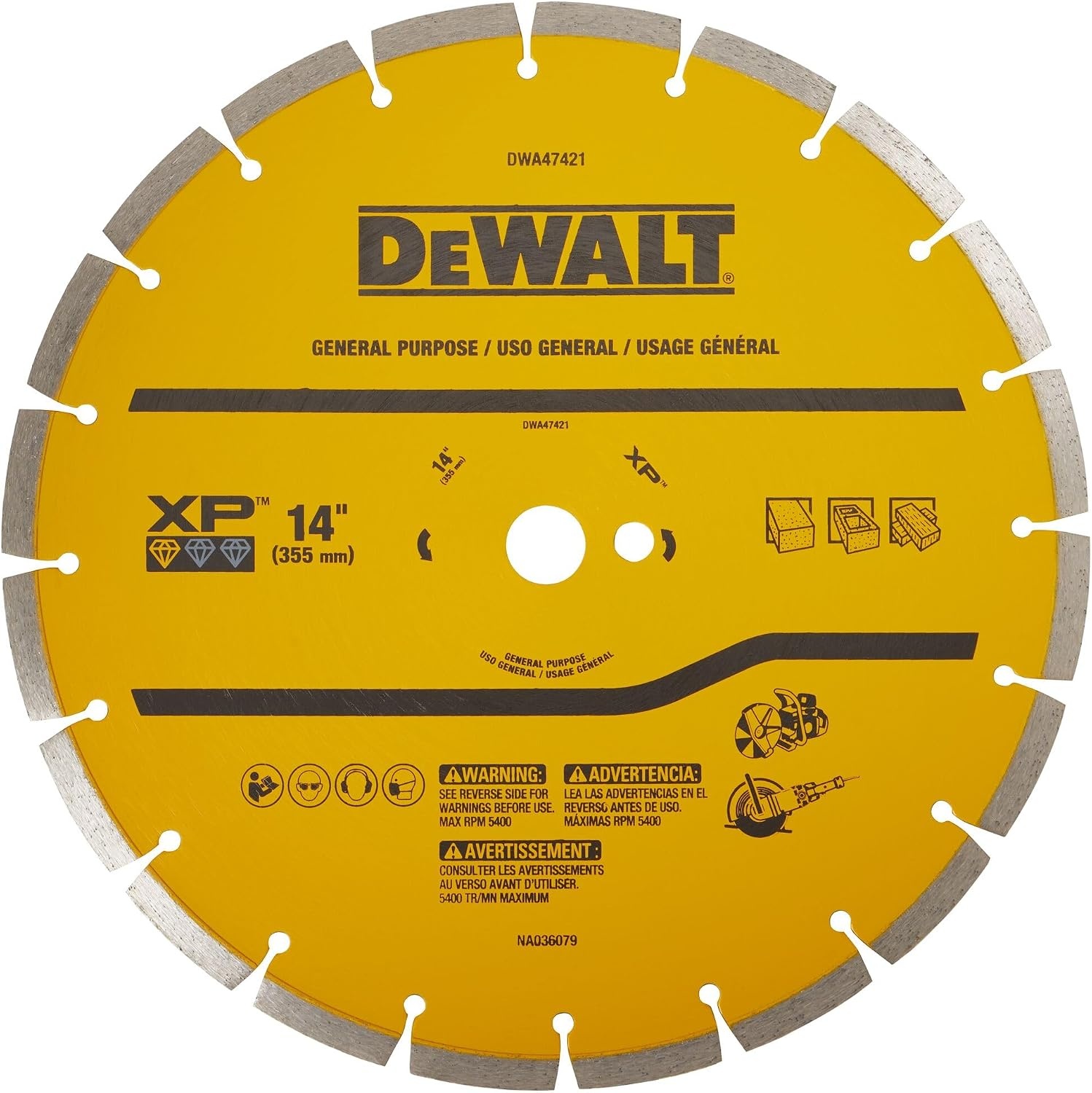 image:imageDEWALT 14 in Circular Saw Blade Dry Wet Segmented Rim Diamond Blade 1 in Arbor Size Extended Performance DWA47421