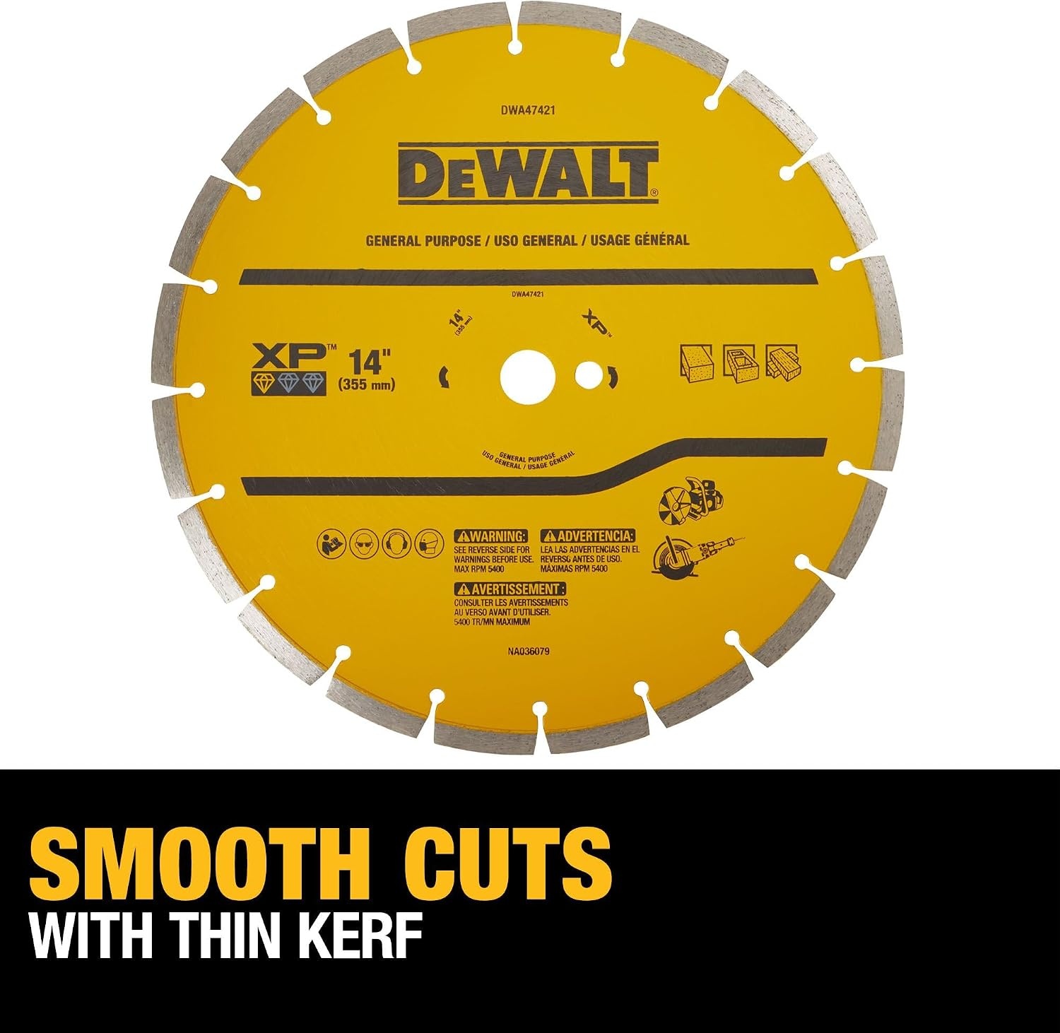 image:imageDEWALT 14 in Circular Saw Blade Dry Wet Segmented Rim Diamond Blade 1 in Arbor Size Extended Performance DWA47421