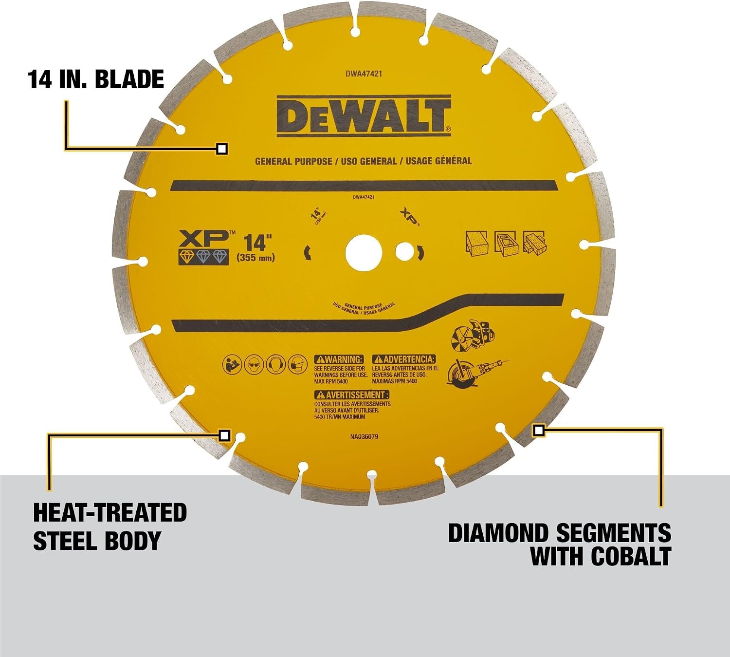 image:imageDEWALT 14 in Circular Saw Blade Dry Wet Segmented Rim Diamond Blade 1 in Arbor Size Extended Performance DWA47421