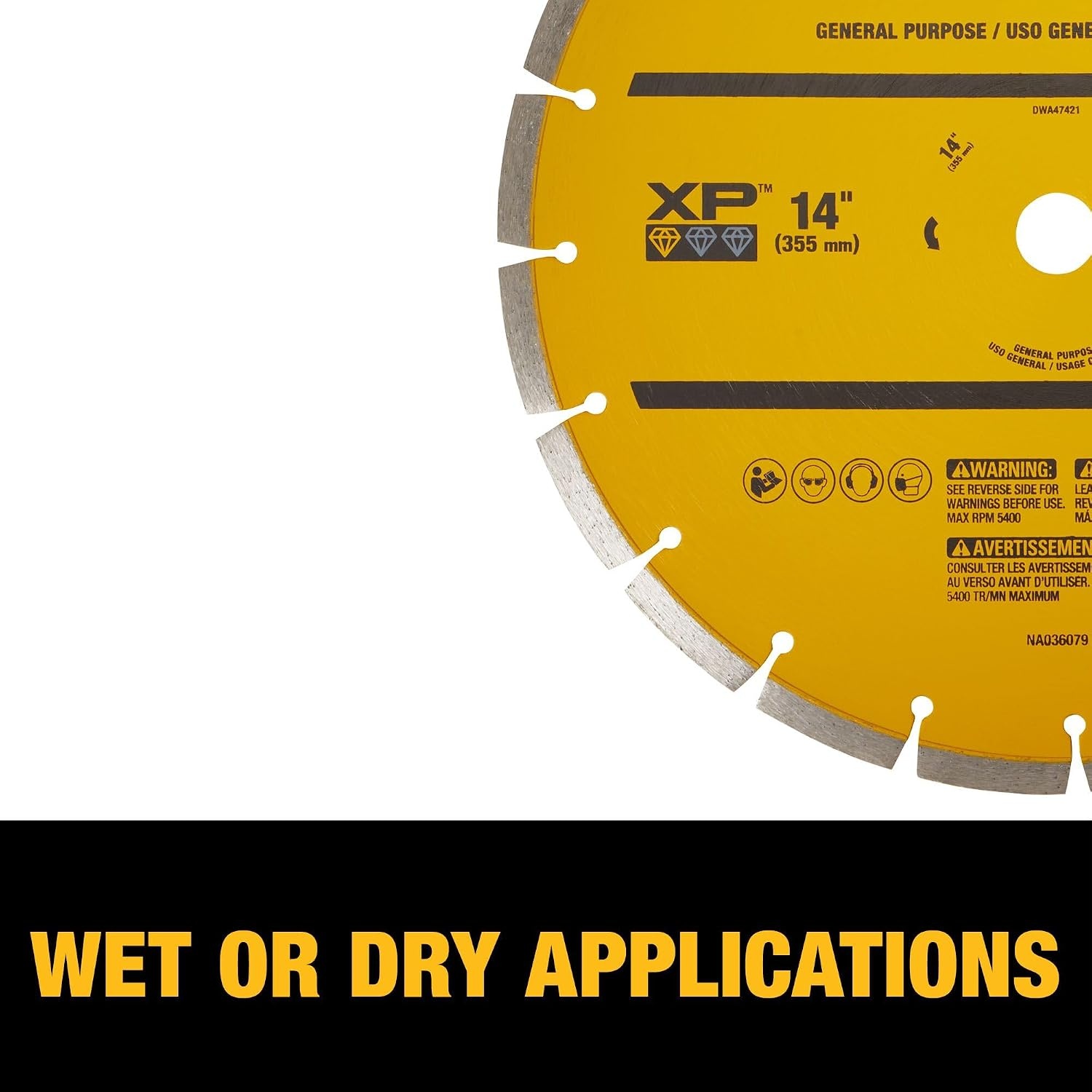 image:imageDEWALT 14 in Circular Saw Blade Dry Wet Segmented Rim Diamond Blade 1 in Arbor Size Extended Performance DWA47421