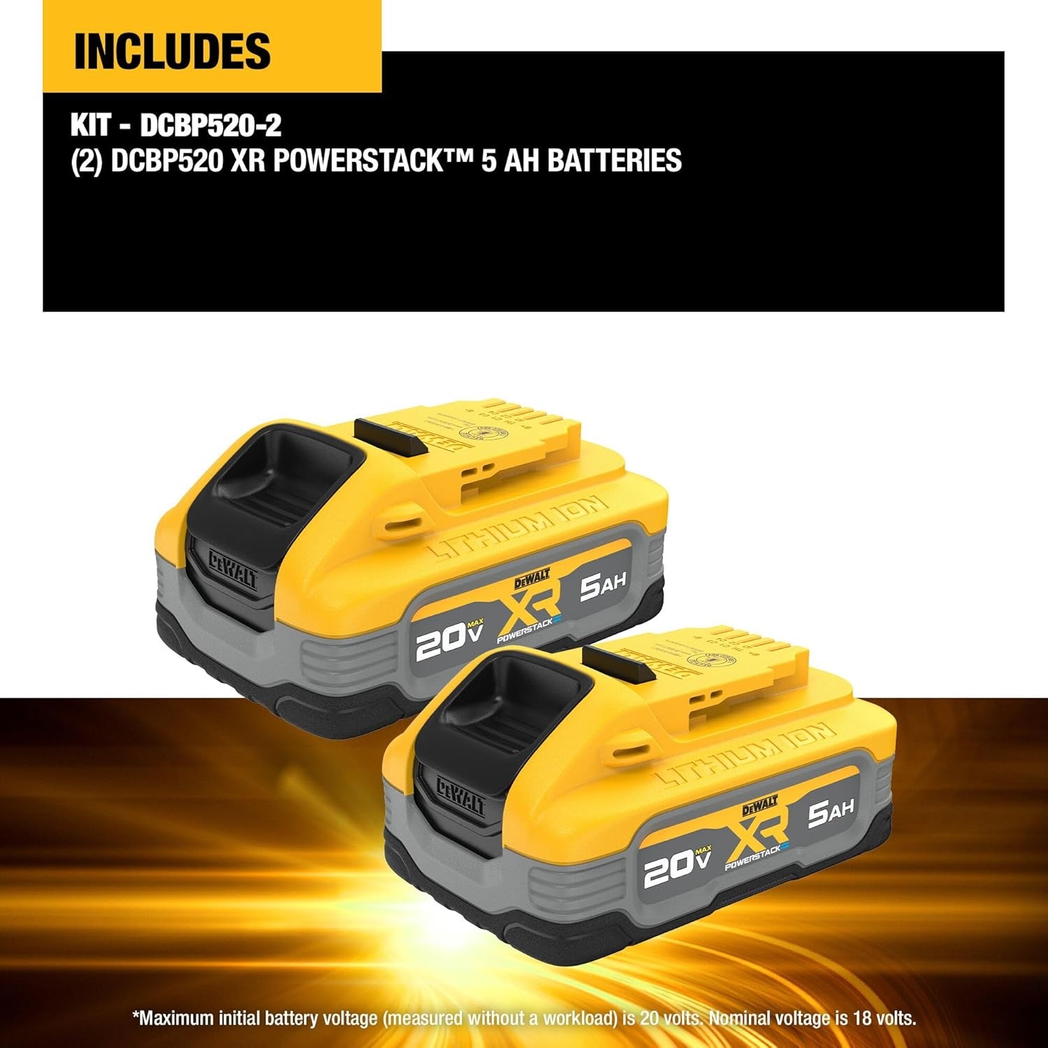 image:imageDEWALT 20V MAX 5 Ah Lithium Ion Battery 2Pack DCB205220V MAX XR POWERSTACK