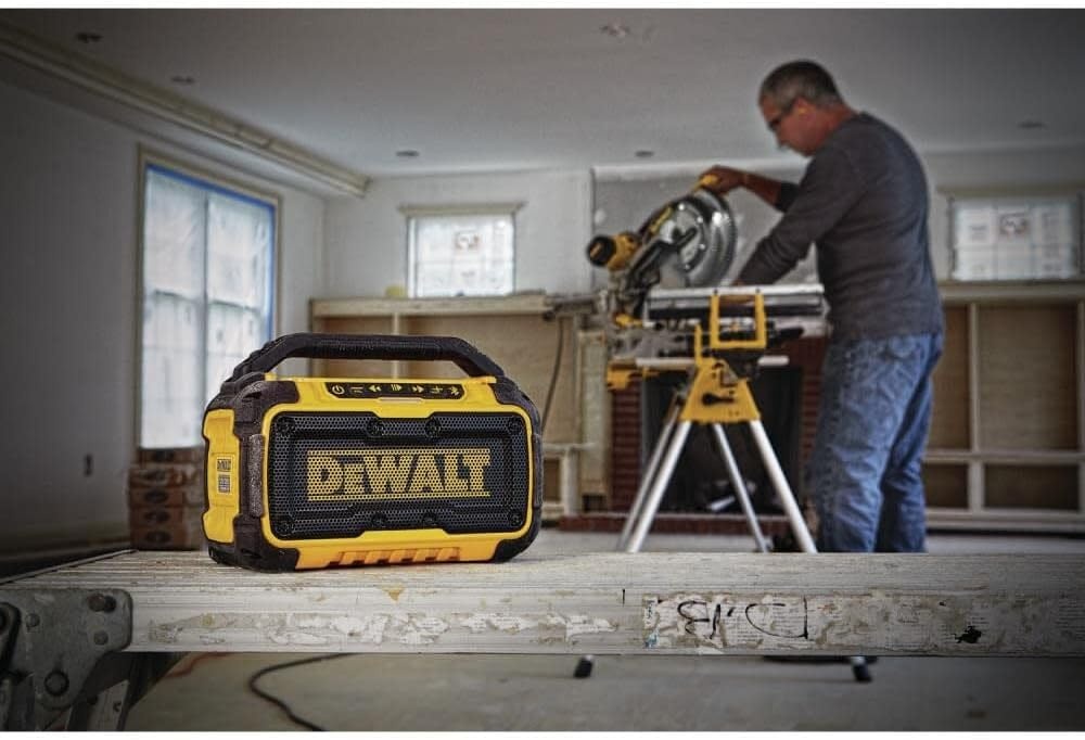 image:imageDEWALT 20V MAX Bluetooth Speaker 100 ft Range Durable for Jobsites Phone Holder Included Lasts 810 Hours with Single Charge DCR010 Black Yellow