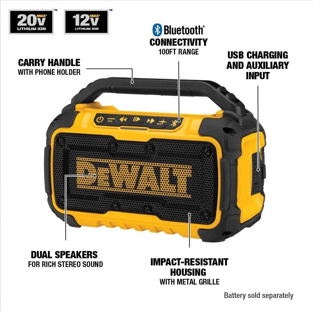 image:imageDEWALT 20V MAX Bluetooth Speaker 100 ft Range Durable for Jobsites Phone Holder Included Lasts 810 Hours with Single Charge DCR010 Black Yellow
