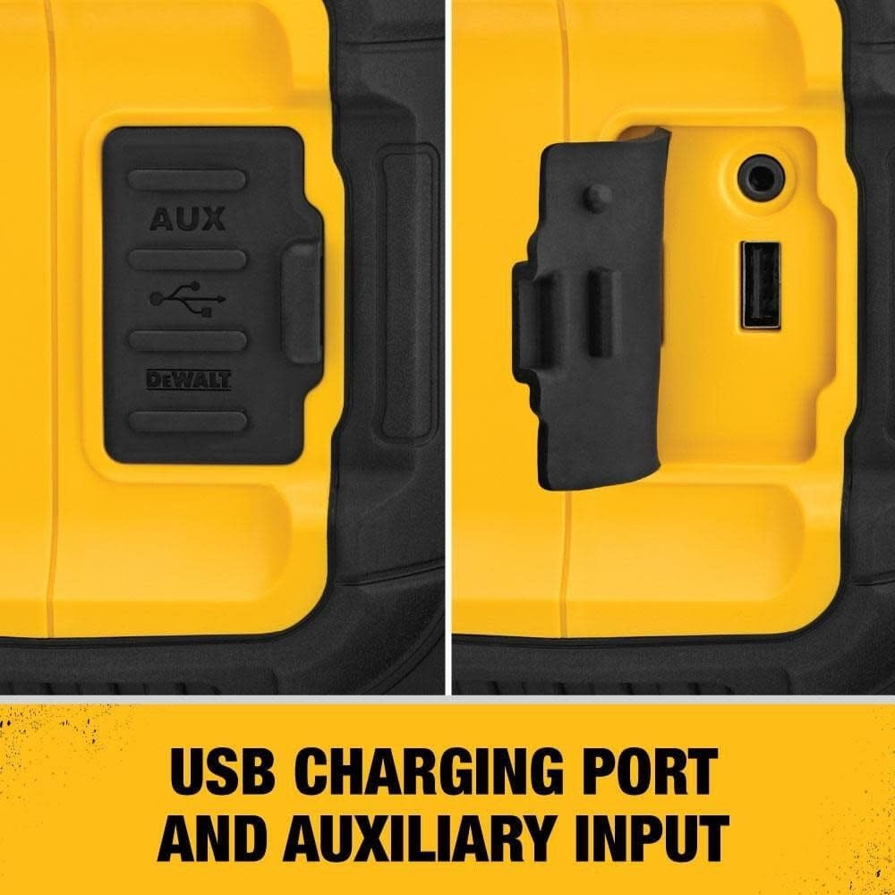 image:imageDEWALT 20V MAX Bluetooth Speaker 100 ft Range Durable for Jobsites Phone Holder Included Lasts 810 Hours with Single Charge DCR010 Black Yellow