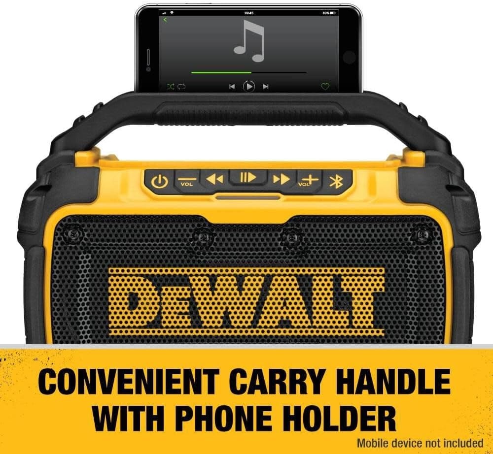 image:imageDEWALT 20V MAX Bluetooth Speaker 100 ft Range Durable for Jobsites Phone Holder Included Lasts 810 Hours with Single Charge DCR010 Black Yellow