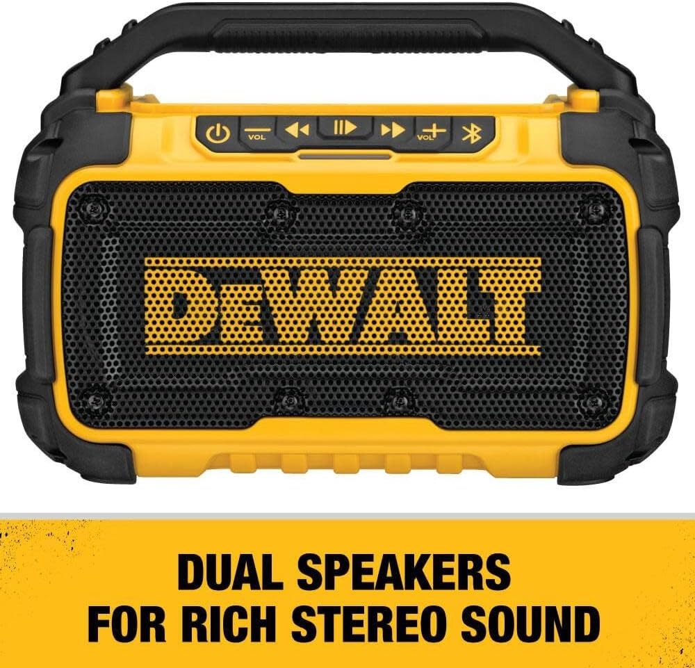 image:imageDEWALT 20V MAX Bluetooth Speaker 100 ft Range Durable for Jobsites Phone Holder Included Lasts 810 Hours with Single Charge DCR010 Black Yellow
