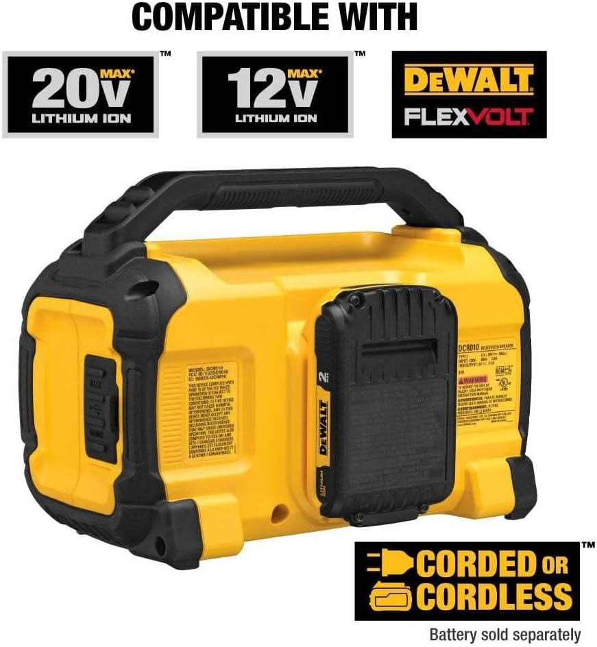 image:imageDEWALT 20V MAX Bluetooth Speaker 100 ft Range Durable for Jobsites Phone Holder Included Lasts 810 Hours with Single Charge DCR010 Black Yellow