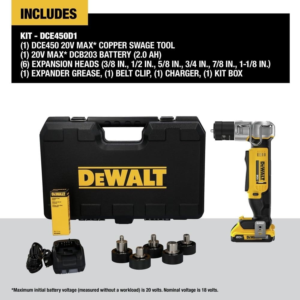 image:imageDEWALT 20V MAX Copper Swaging Tool Kit with Battery Charger and 6 Expansion Heads 38 in 12 in 58 in 34 in 78 in and 118 in DCE450D1