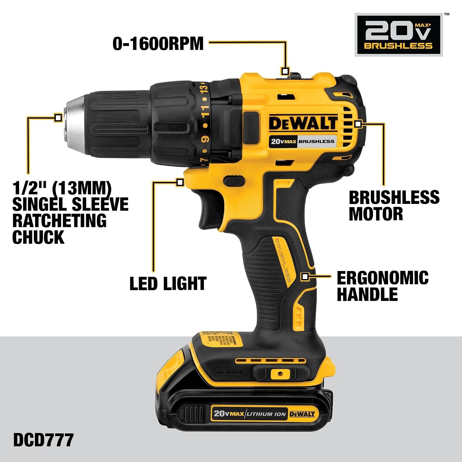 image:imageDEWALT 20V MAX Cordless Drill Driver Set Electric Drill Brushless 12 In 2 Speed 20 Ah Battery and Charger Included LED Light DCD777D1