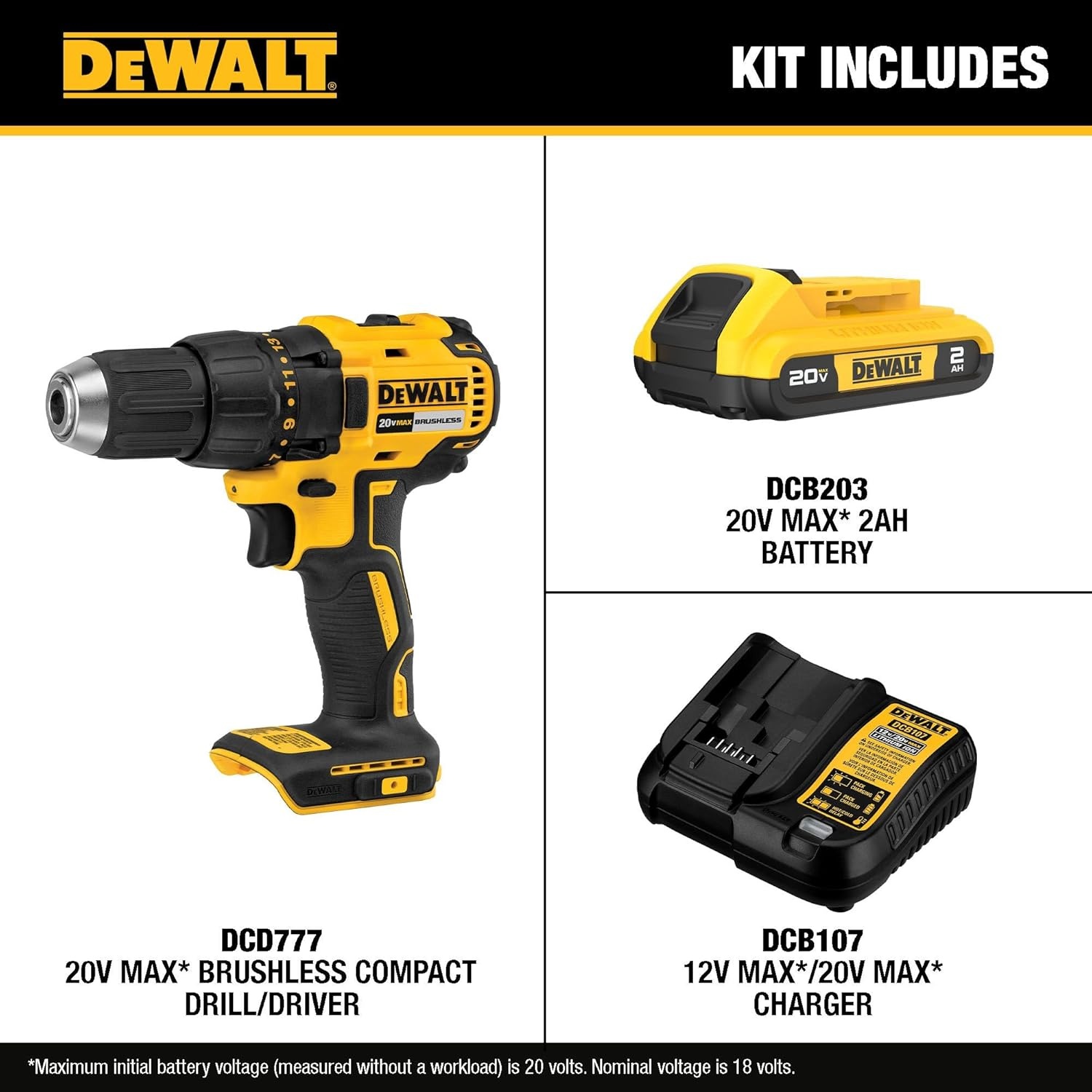 image:imageDEWALT 20V MAX Cordless Drill Driver Set Electric Drill Brushless 12 In 2 Speed 20 Ah Battery and Charger Included LED Light DCD777D1