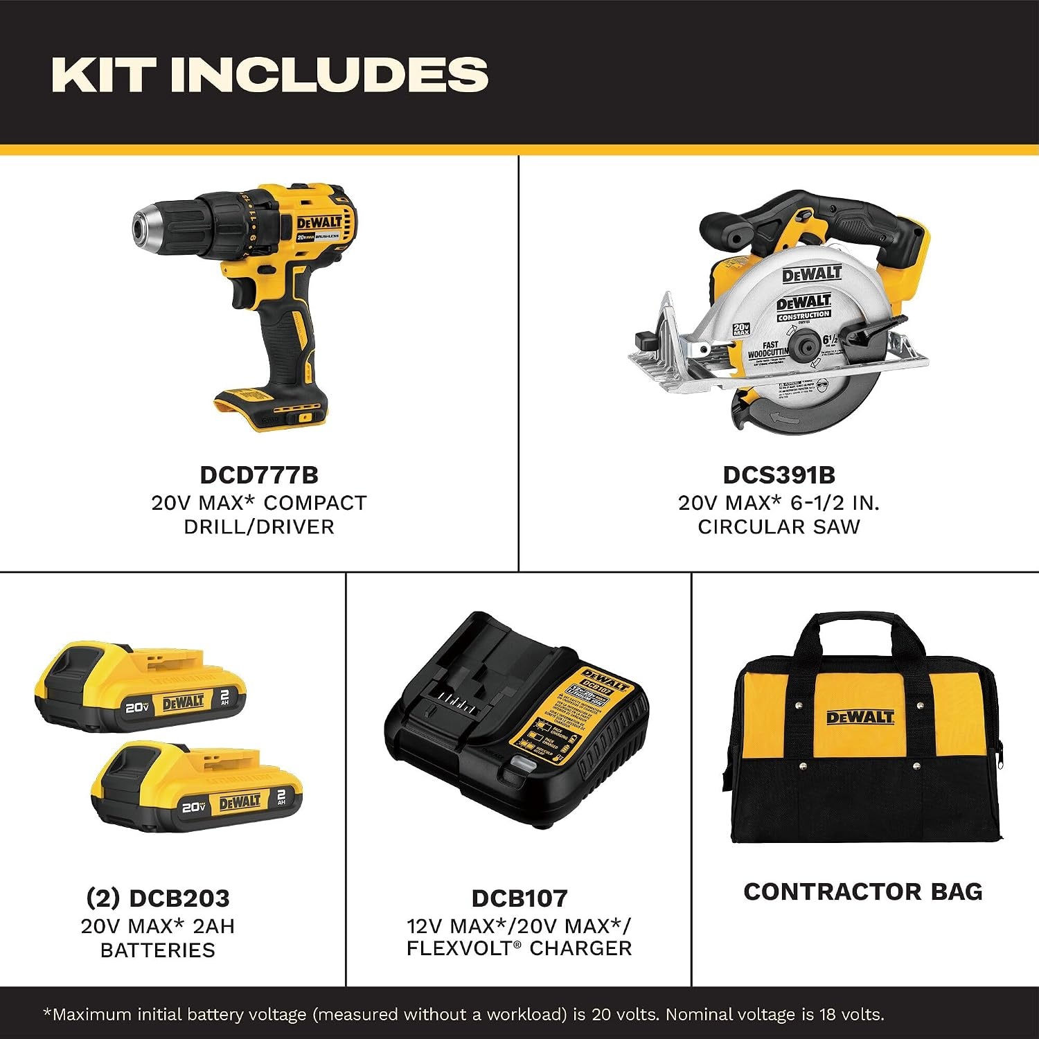 image:imageDEWALT 20V MAX Cordless Drill Driver and Circular Saw Combo Kit with 2 x 2 Ah Batteries and Charger Contractor Bag DCK252D22 Tool Combo Kit