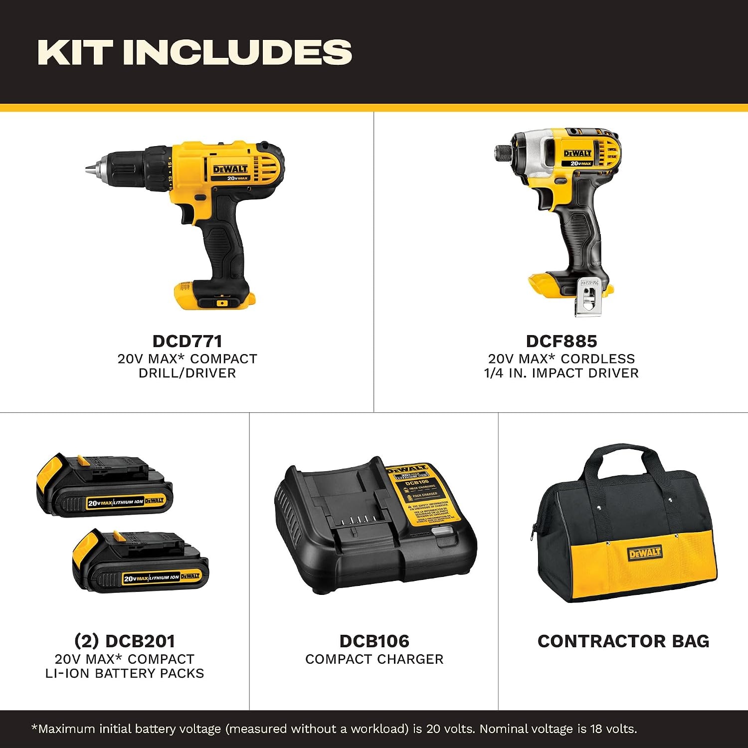 image:imageDEWALT 20V MAX Cordless Drill and Impact Driver Power Tool Combo Kit Includes 2 Batteries Charger and Bag DCK240C2