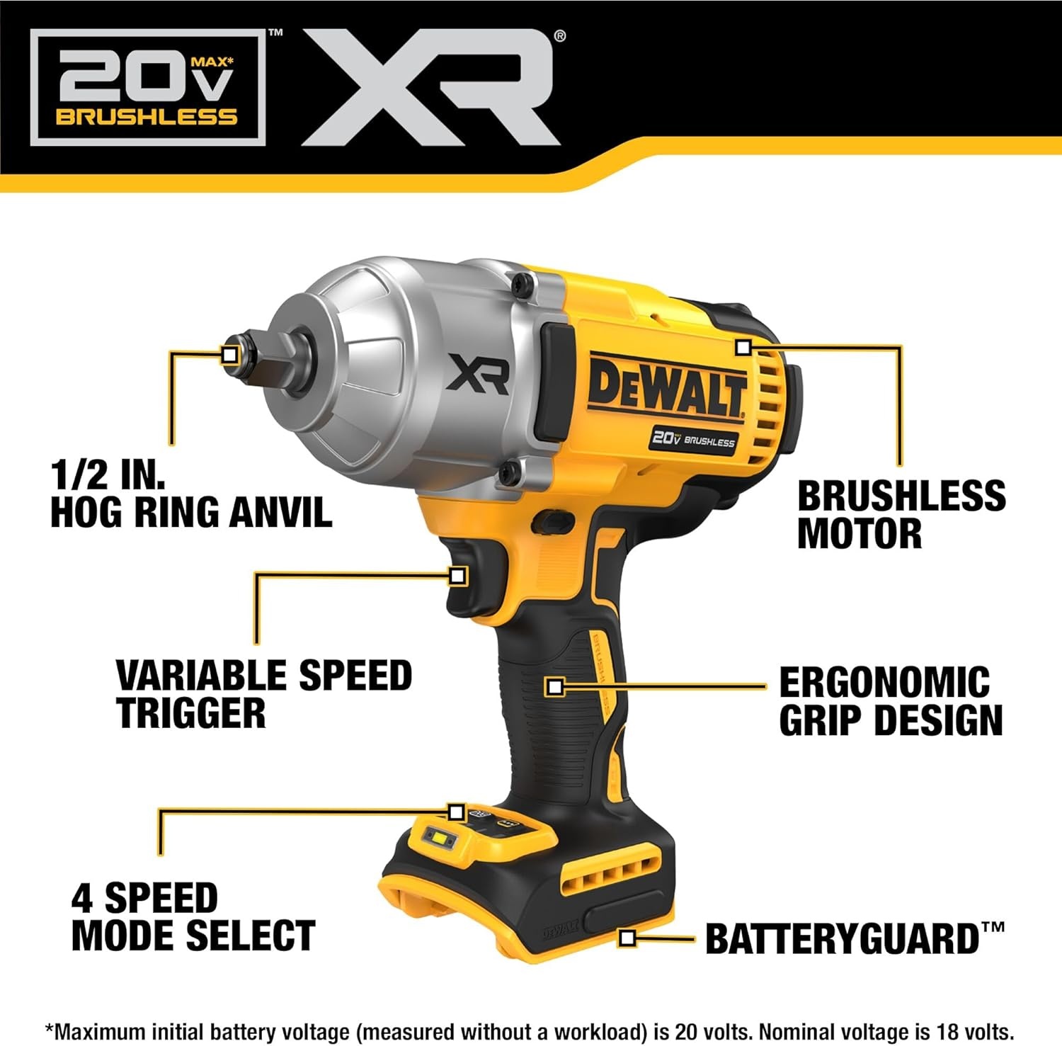 image:imageDEWALT 20V MAX Cordless Impact Wrench 12 Impact Gun 4Speed High Torque with Hog Ring Anvil and LED Light Brushless Motor Precision Wrench Tool Only DCF900BLarge
