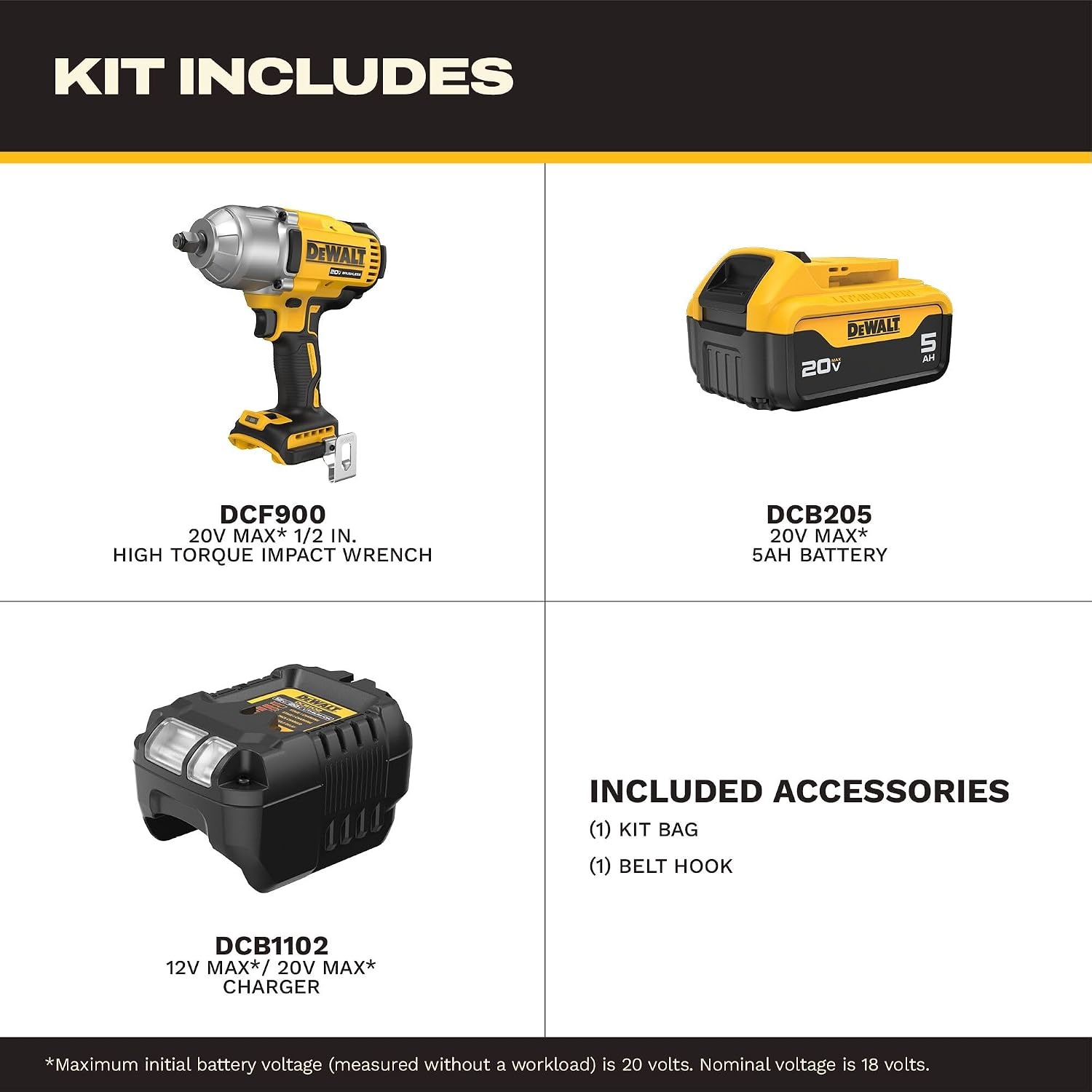 image:imageDEWALT 20V MAX Cordless Impact Wrench with Hog Ring Anvil Brushless High Torque 12 Impact Gun 4Mode Speed Includes Battery Charger and Kit Bag DCF900P1Impact Wrench Kit