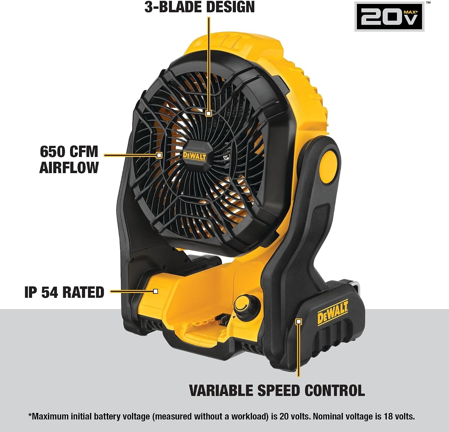 image:imageDEWALT 20V MAX Portable Fan Battery Powered Rechargeable Cordless Shop Fan Up to 45 Hrs Runtime Variable Speed 650 CFM Tool Only DCE512BJobsite Fan NEW