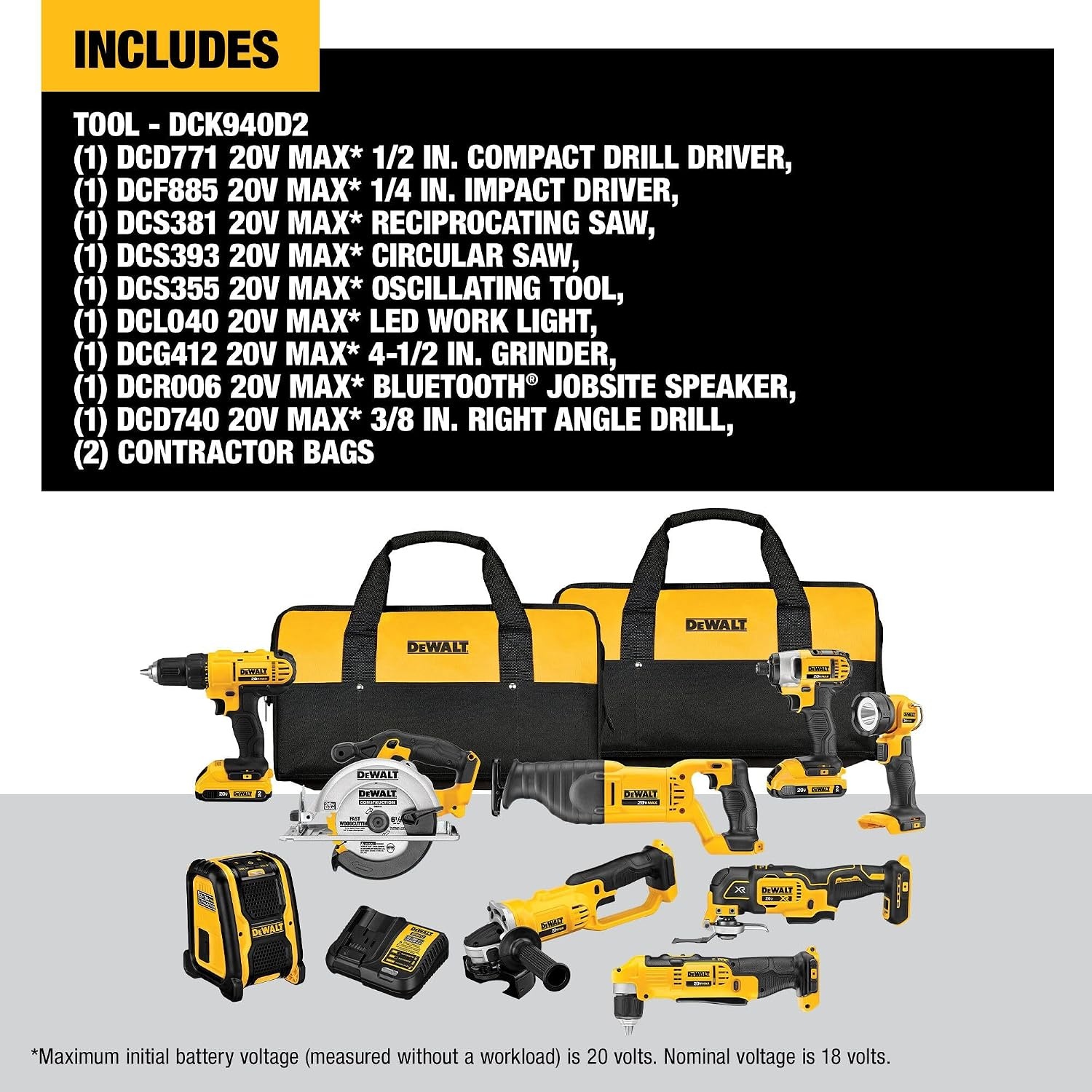 image:imageDEWALT 20V MAX Power Tools 9 Cordless Tool Combo Impact and Drill Driver Oscillating Tool GrinderCircular and Reciprocating SawRight Angle DrillSpeakerLED Light 2 BatteriesCharger DCK940D2Standard 2 batts
