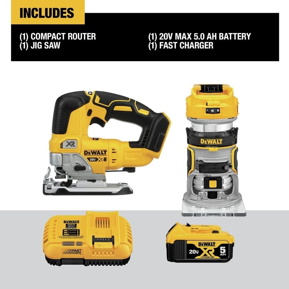 image:imageDEWALT 20V MAX Router Tool and Jig Saw Cordless Woodworking 2Tool Set with Battery and Charger DCK201P1