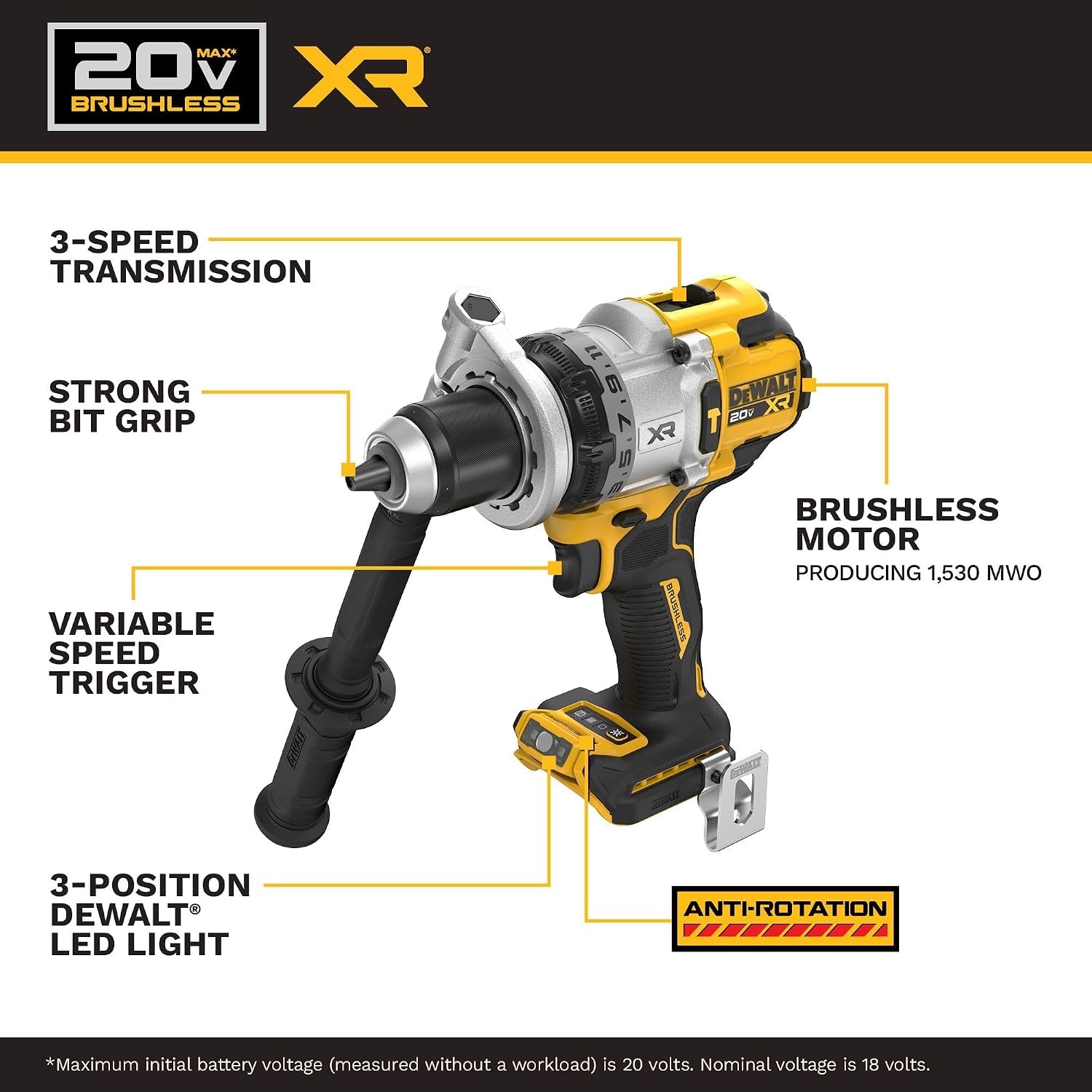 image:imageDEWALT 20V MAX XR 12 Inch Brushless Cordless Hammer Drill Kit with 8AH Battery and Charger 3 Speed DCD1007WW1Hammer Drill Kit