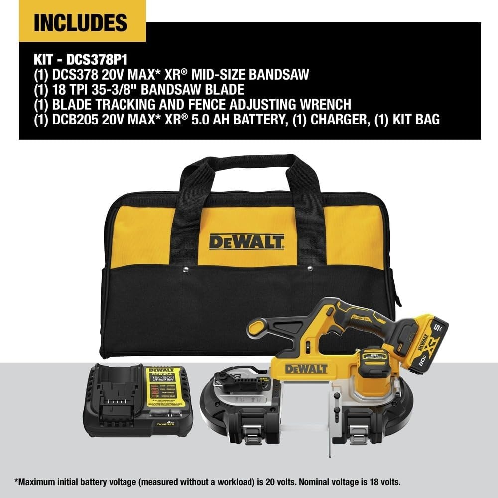 image:imageDEWALT 20V MAX XR Bandsaw Brushless Motor Portable and Cordless 338 Inch Cut Capacity 5Ah Battery and Charger Included DCS378P1Kit with Battery
