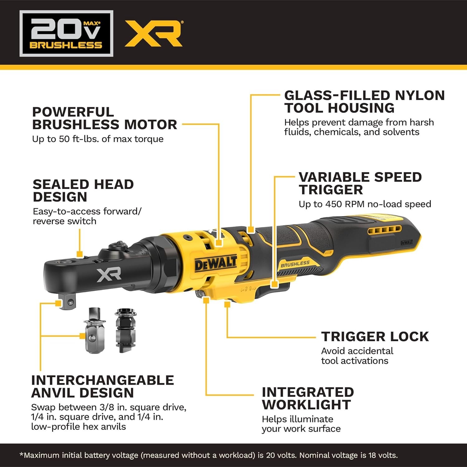 image:imageDEWALT 20V MAX XR Brushless 14 in amp 38 in Sealed Head Ratchet Tool Only DCF520B