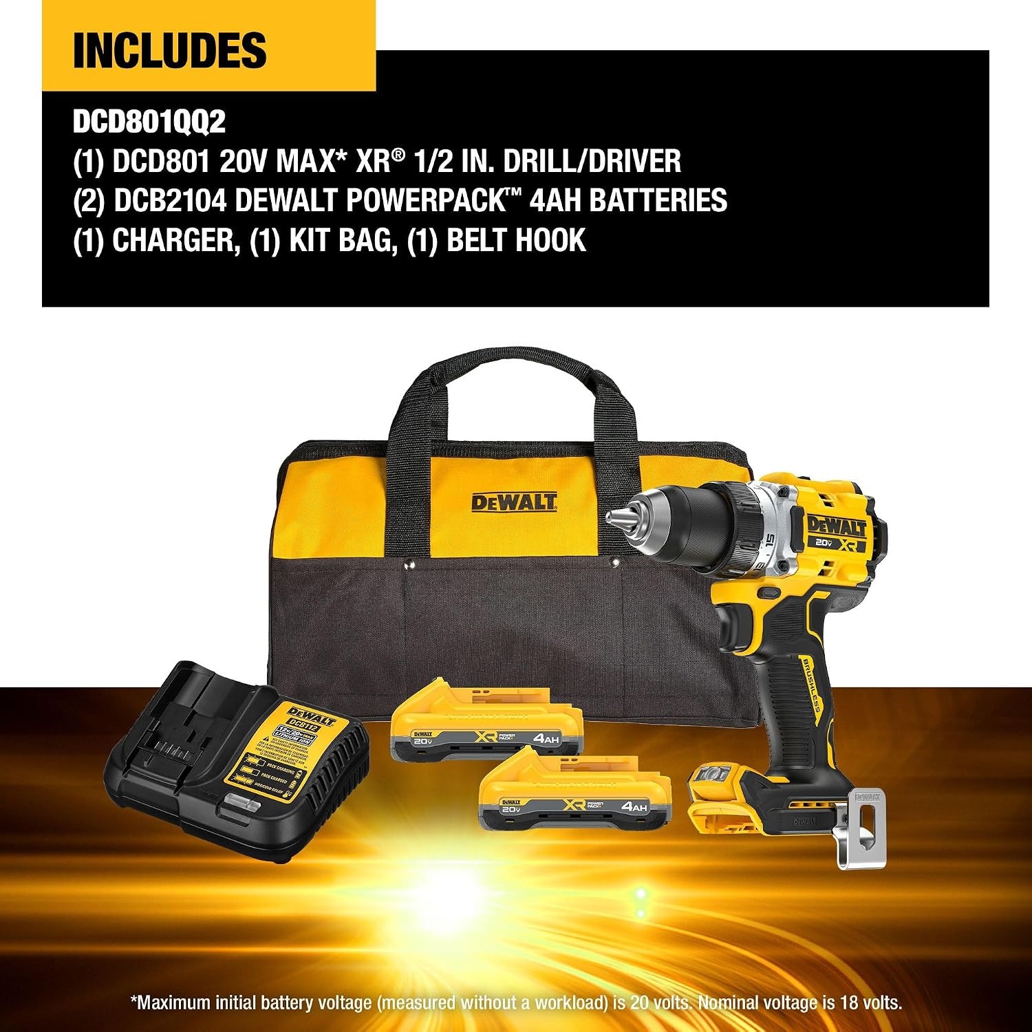 image:imageDEWALT 20V MAX XR Brushless Cordless 12 in Drill Driver Kit With DEWALT POWERPACK Batteries and Charger DCD801QQ2