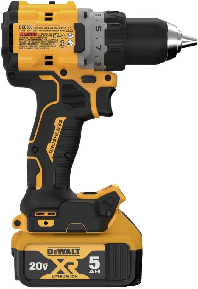 image:imageDEWALT 20V MAX XR Brushless Cordless 12 in DrillDriver Kit DCD800P1 Yellow Includes DCB205 20V 5ah Battery and DCB112 Charger 12 In Metal Chuck 065002 000 Rpm Compact 637 in 70Lumen LED