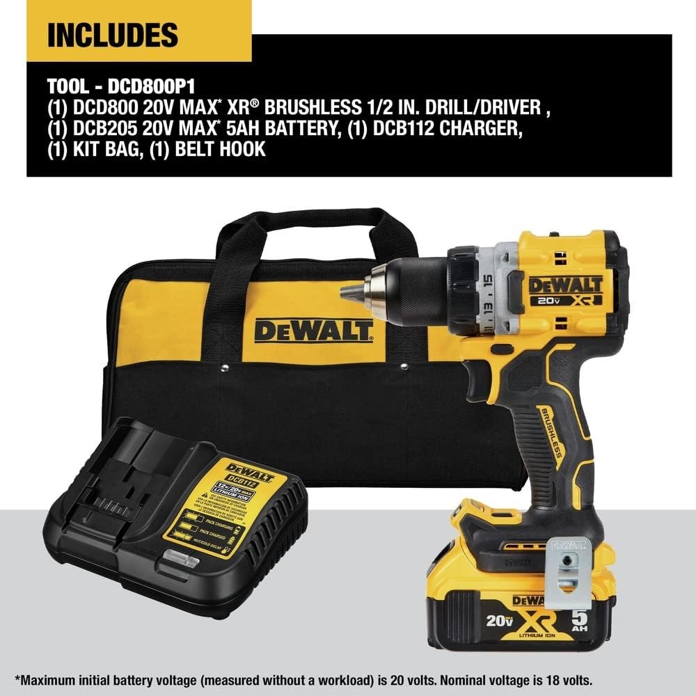 image:imageDEWALT 20V MAX XR Brushless Cordless 12 in DrillDriver Kit DCD800P1 Yellow Includes DCB205 20V 5ah Battery and DCB112 Charger 12 In Metal Chuck 065002 000 Rpm Compact 637 in 70Lumen LED