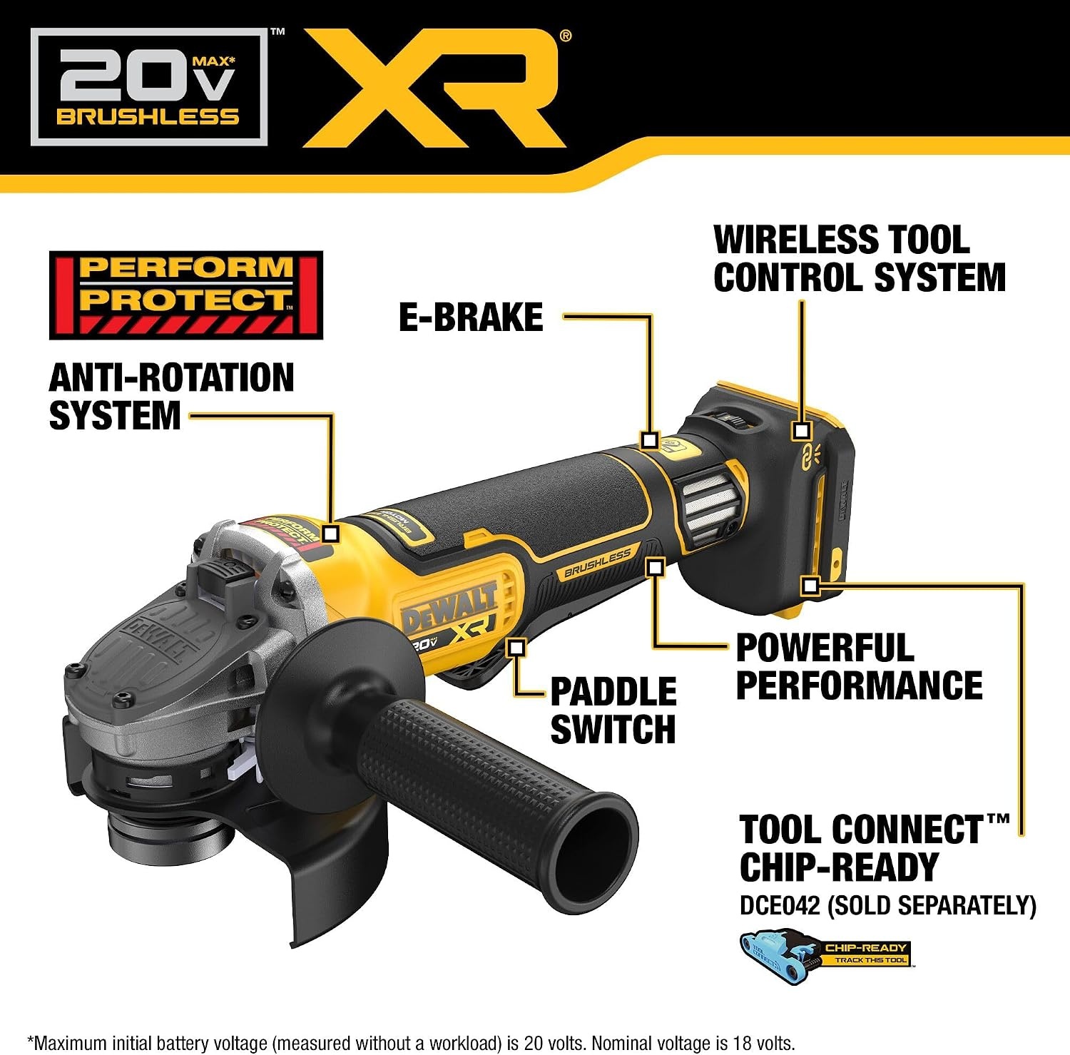 image:imageDEWALT 20V MAX XR Brushless Cordless Angle Grinder 412 in 5 in Variable Speed AntiRotation Paddle Switch Tool Only DCG410VSB