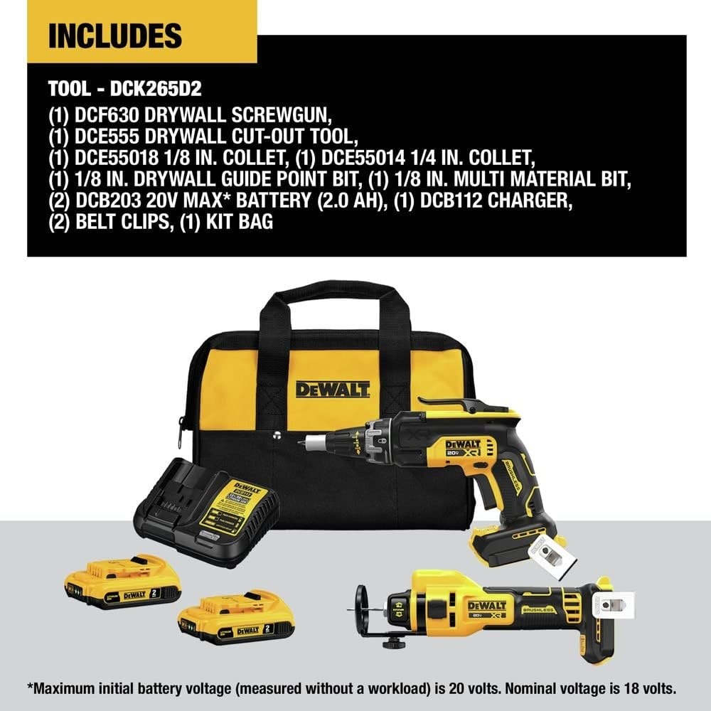 image:imageDEWALT 20V MAX XR Brushless Drywall Screw Gun and CutOut Tool Combo Kit with 2 Batteries and Charger Included DCK265D2