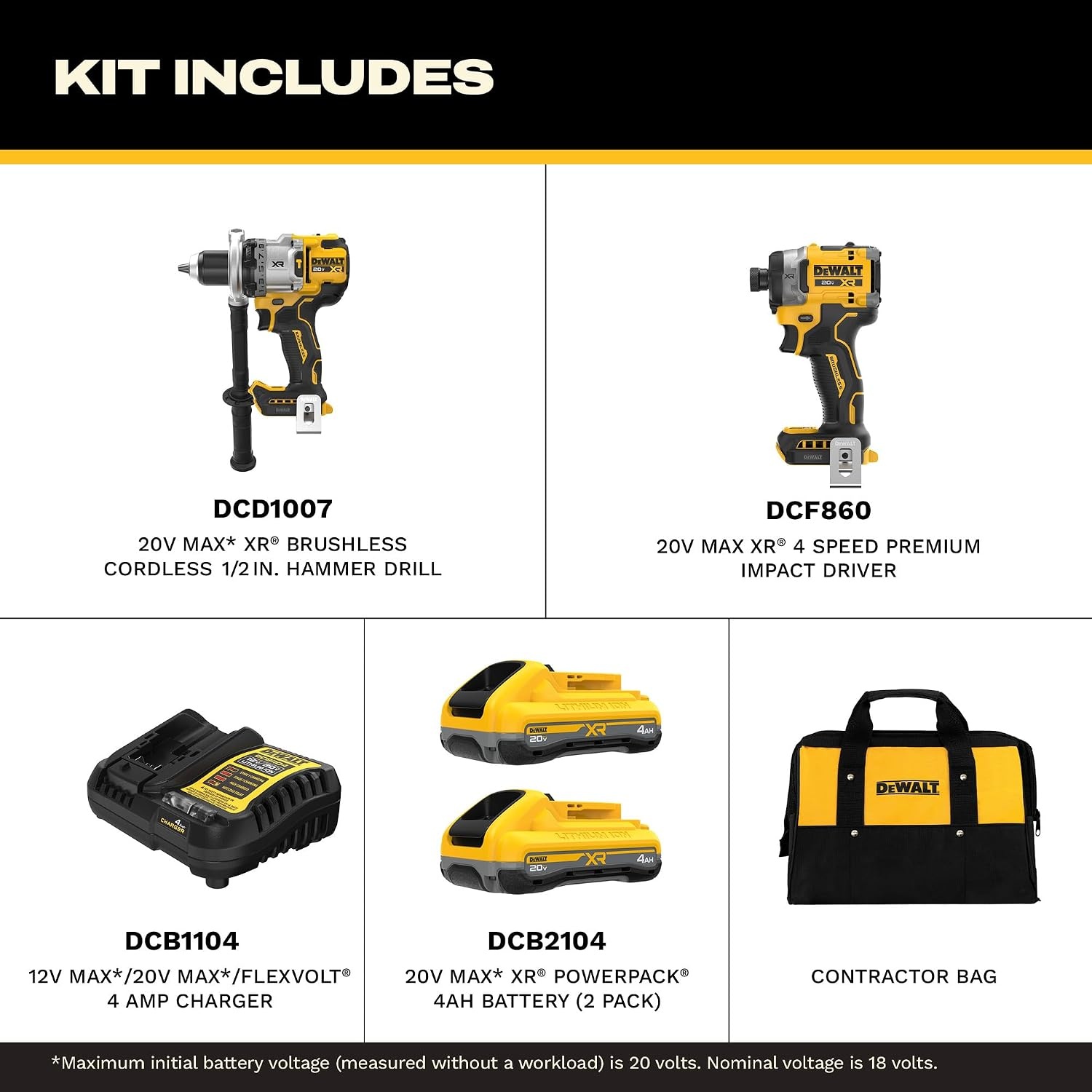 image:imageDEWALT 20V MAX XR Brushless Hammer Drill 12 In and High Torque 14 Impact Driver Combo with 2 x 4 Ah Batteries and 4 Amp Charger DCK2112QQ22 Tools Bag