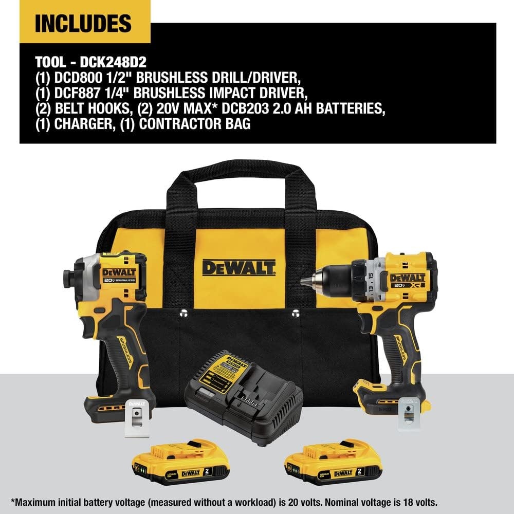 image:imageDEWALT 20V MAX XR Cordless 12 in DrillDriver and 14 in Impact Driver Kit with 2 2Ah Batteries amp Charger DCK248D2