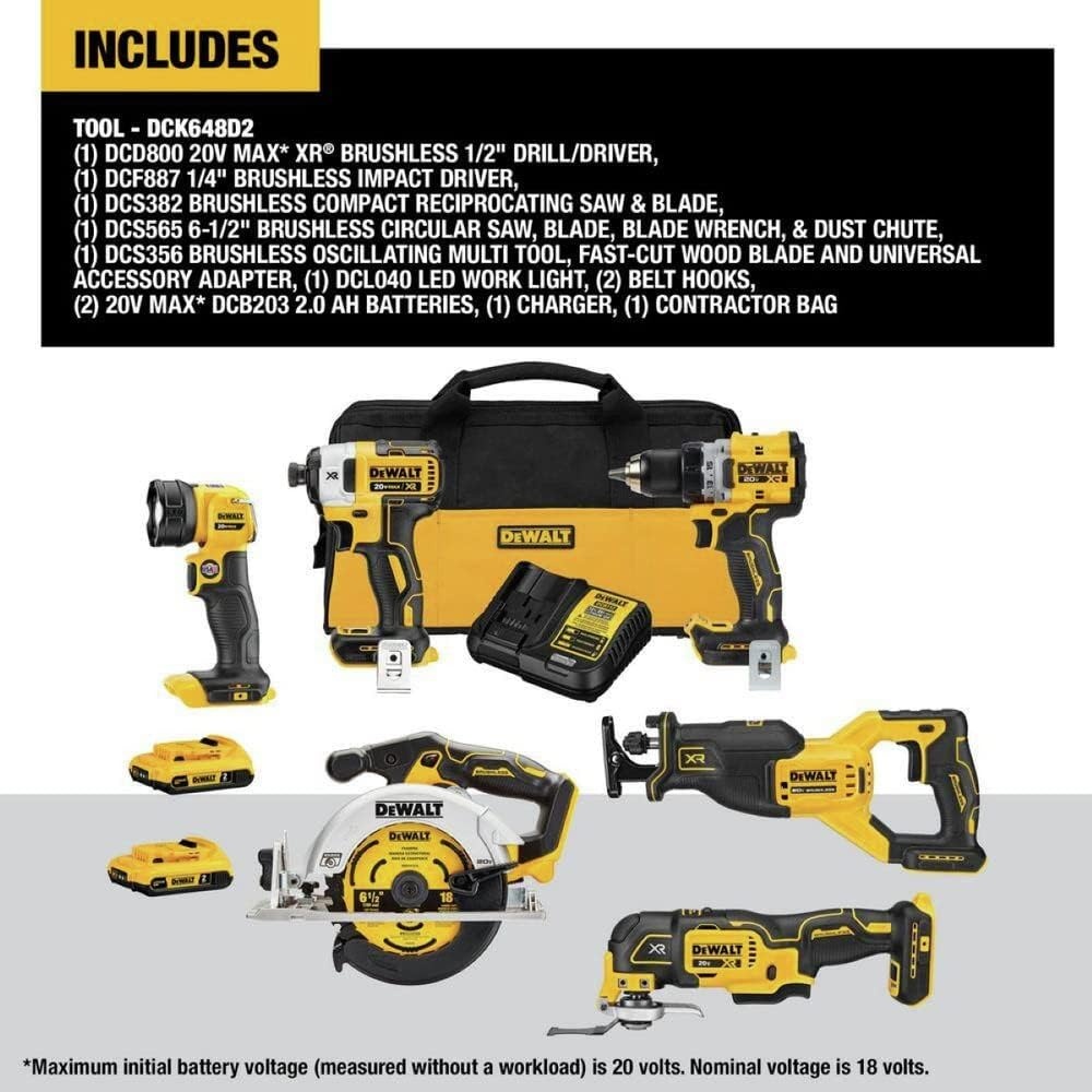 image:imageDEWALT 20V MAX XR Cordless Combo Kit 6Tool with 2 Ah Batteries and Charger DCK648D2 Includes DCD800 Drill DCF887 Impact DCS382 Recip DCS565 Circ Saw DCS356 MultiTool DCL040 Light 2 20ah Batt Charger