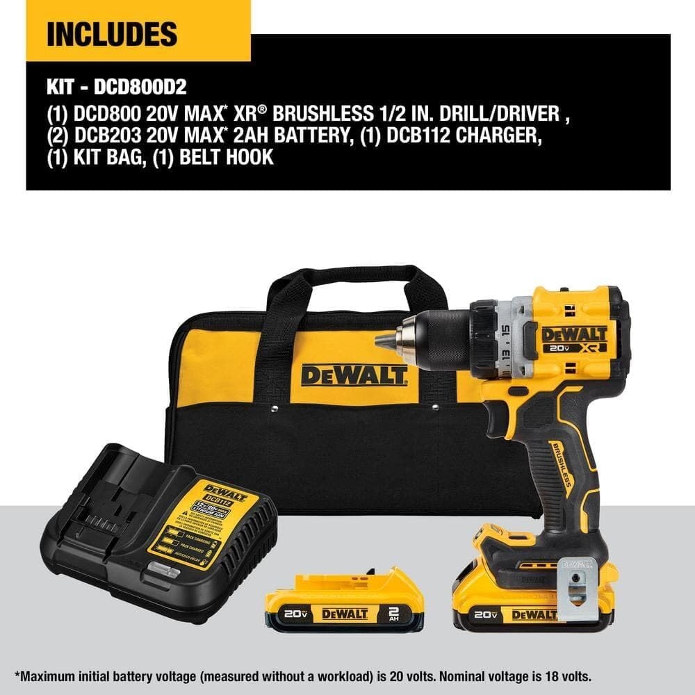 image:imageDEWALT 20V MAX XR Cordless DrillDriver Kit Brushless Compact with 2 Batteries and Charger DCD800D2 Compact 637 in Head Metal Ratcheting Chuck 2Speed Up to 2 000 Rpm Kit 220ah Batts and Charger 2 Batteries