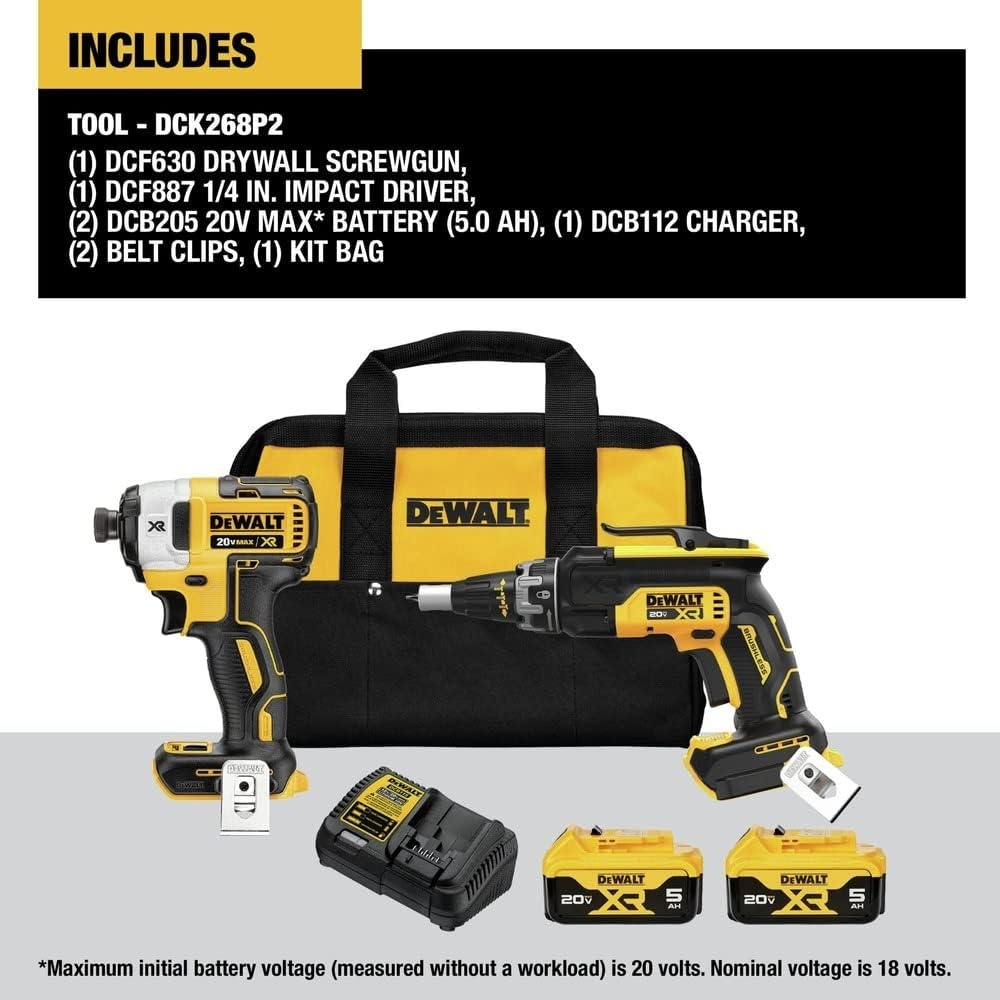 image:imageDEWALT 20V MAX XR Drywall Screw Gun and Impact Driver Power Tool Combo Kit 2 Batteries and Charger Included DCK268P2