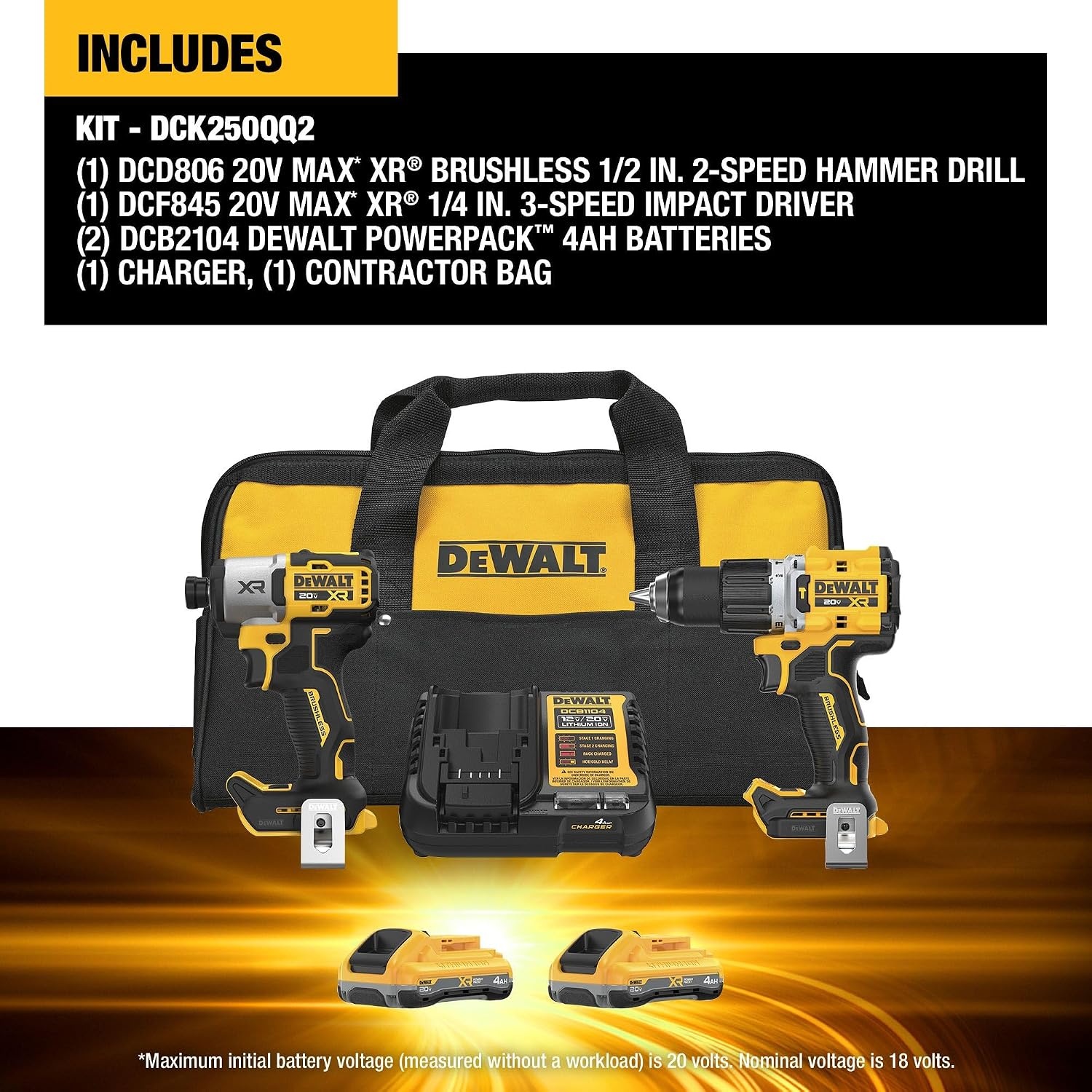 image:imageDEWALT 20V MAX XR Impact Driver and Hammer Drill Cordless Power Tool Combo Kit Includes 2 x 4ah POWERPACK Batteries and a Charger DCK250QQ2