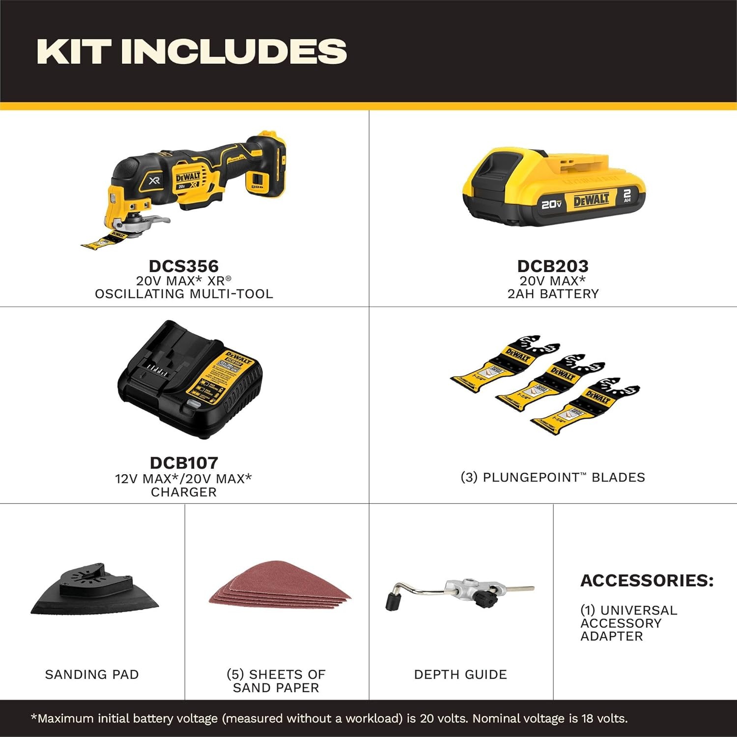 image:imageDEWALT 20V MAX XR Oscillating Tool Kit with Blades 3 Speed Cordless Brushless Multitool Up to 20000 OPM LED Light Battery and Charger Included DCS356C120V MAX XR