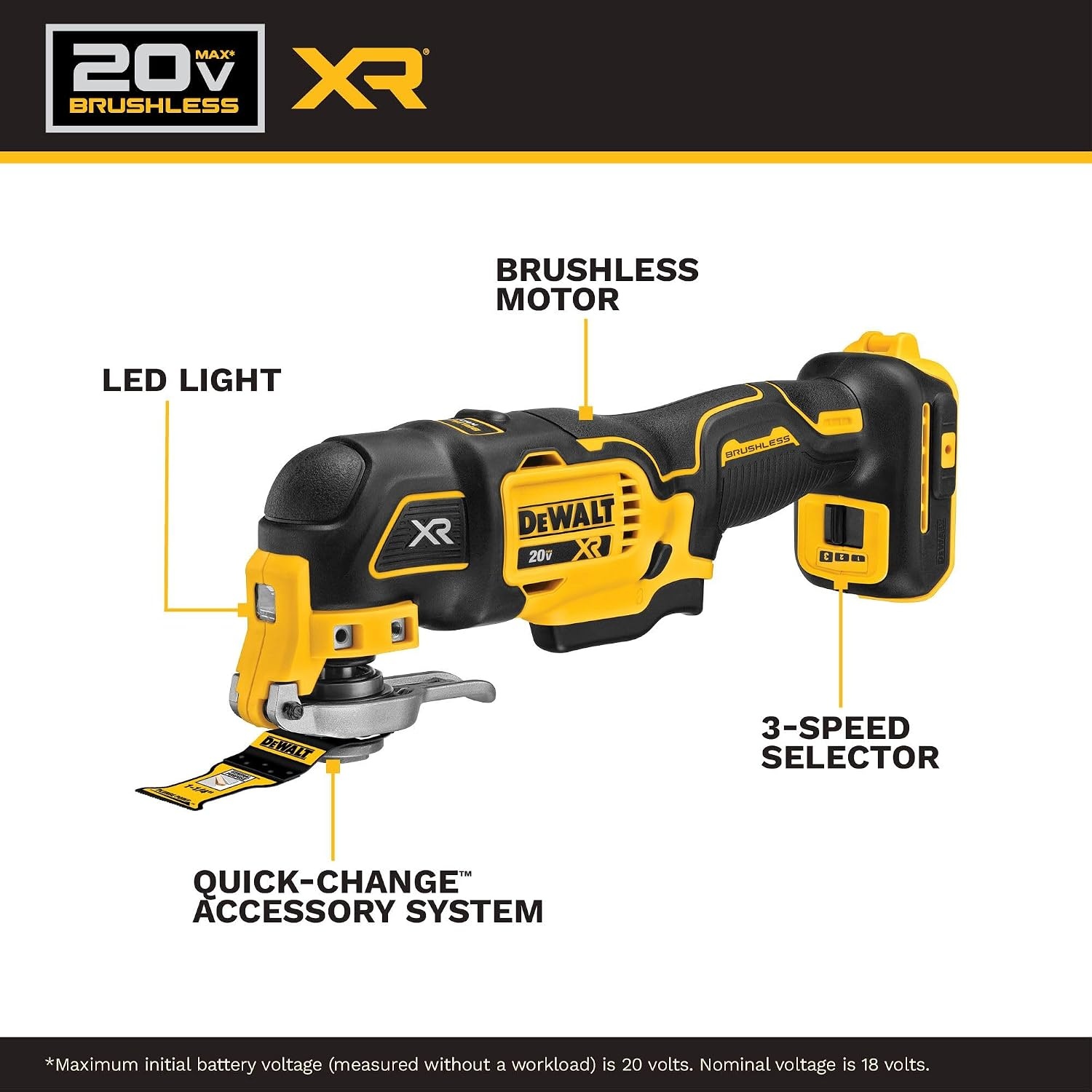 image:imageDEWALT 20V MAX XR Oscillating Tool Kit with Blades 3 Speed Cordless Brushless Multitool Up to 20000 OPM LED Light Battery and Charger Included DCS356C120V MAX XR