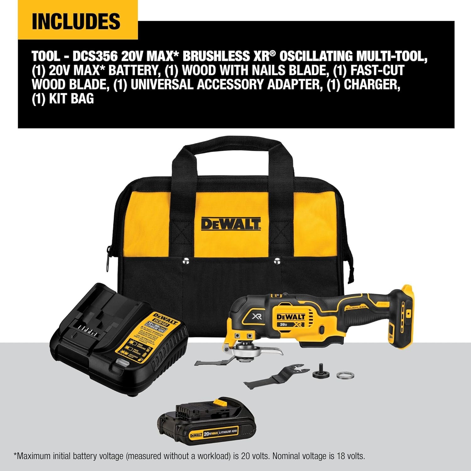 image:imageDEWALT 20V MAX XR Oscillating Tool Kit with Blades 3 Speed Cordless Brushless Multitool Up to 20000 OPM LED Light Battery and Charger Included DCS356C120V MAX