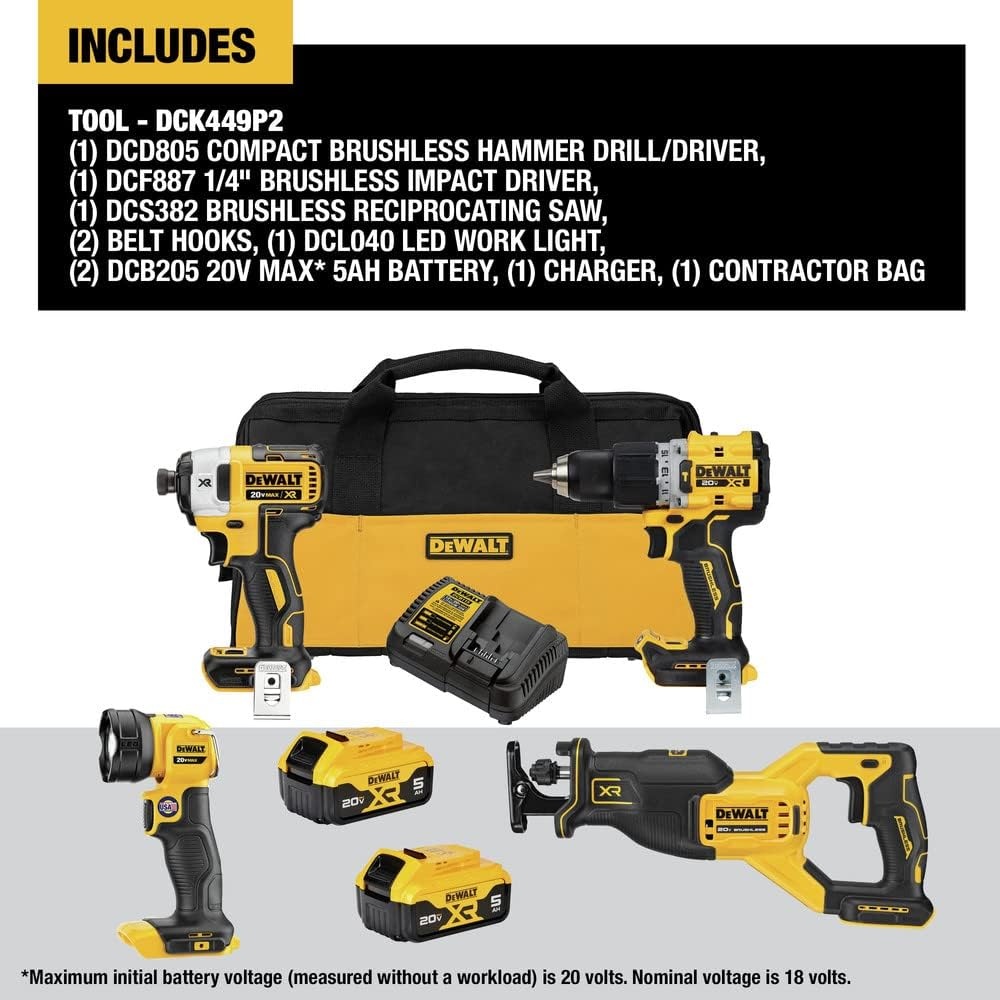 image:imageDEWALT 20V MAX XR Power Tools Combo Kit Hammer Drill Impact Driver Reciprocating Saw and Work Light 4TOOL DCK449P2
