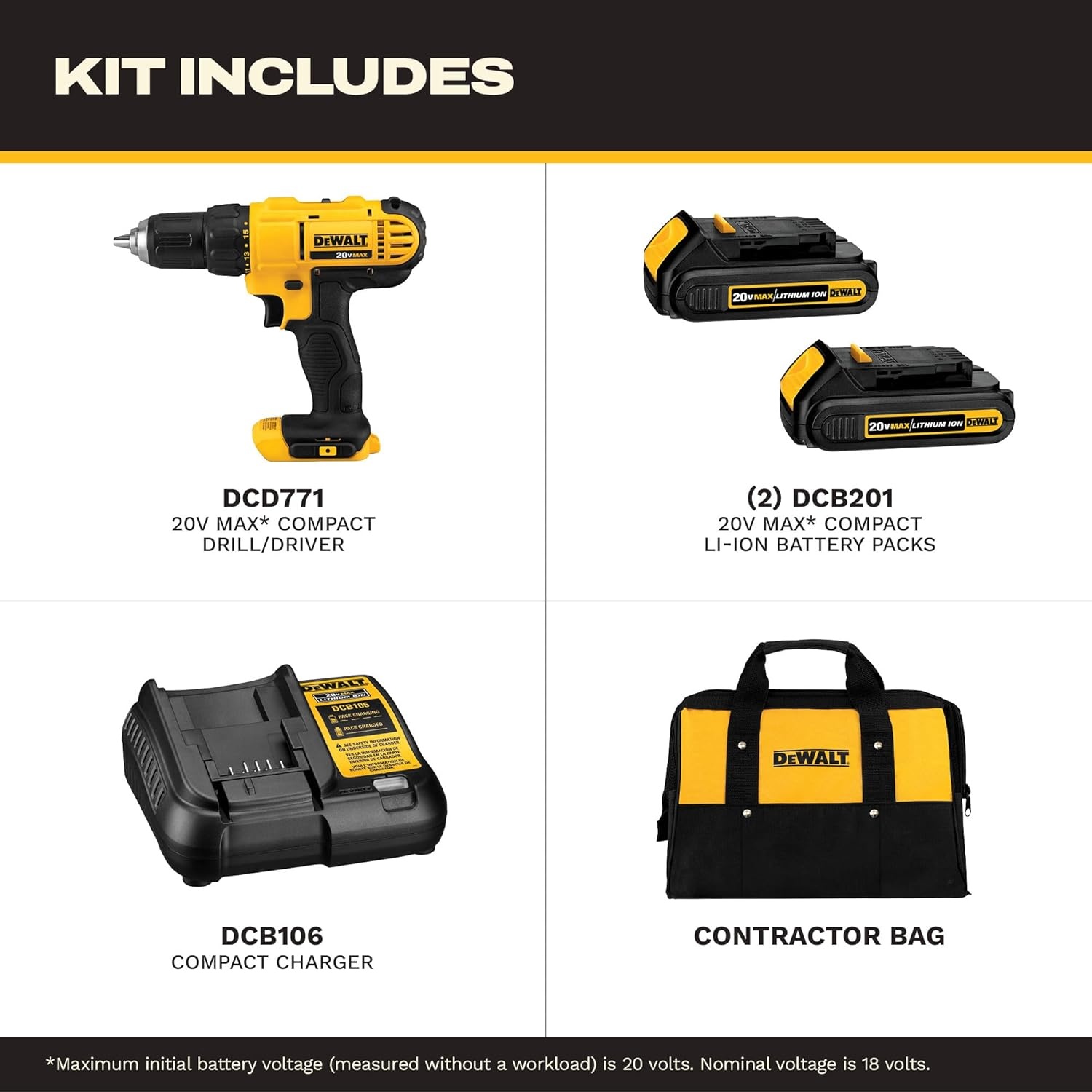 image:imageDEWALT 20V Max Cordless Drill Driver Set 2 Speed High Performance Motor Includes 2 XR 13Ah LiIon Batteries Charger and Contractor Bag DCD771C2Compact DrillDriver