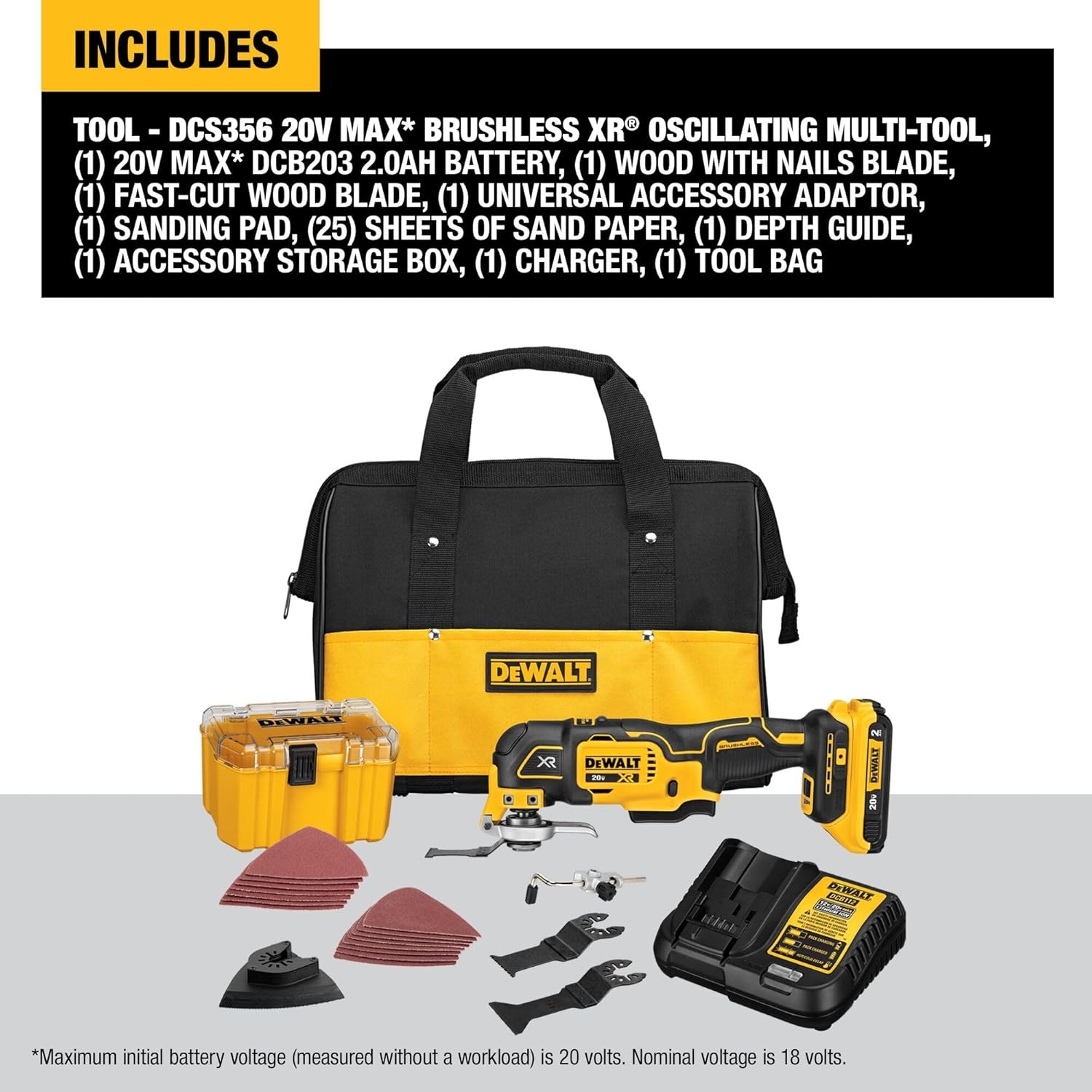 image:imageDEWALT 20V Oscillating Tool Cordless Wood Blades Sandpaper Tool Bag Battery and Charger Included DCS356SD1One Size