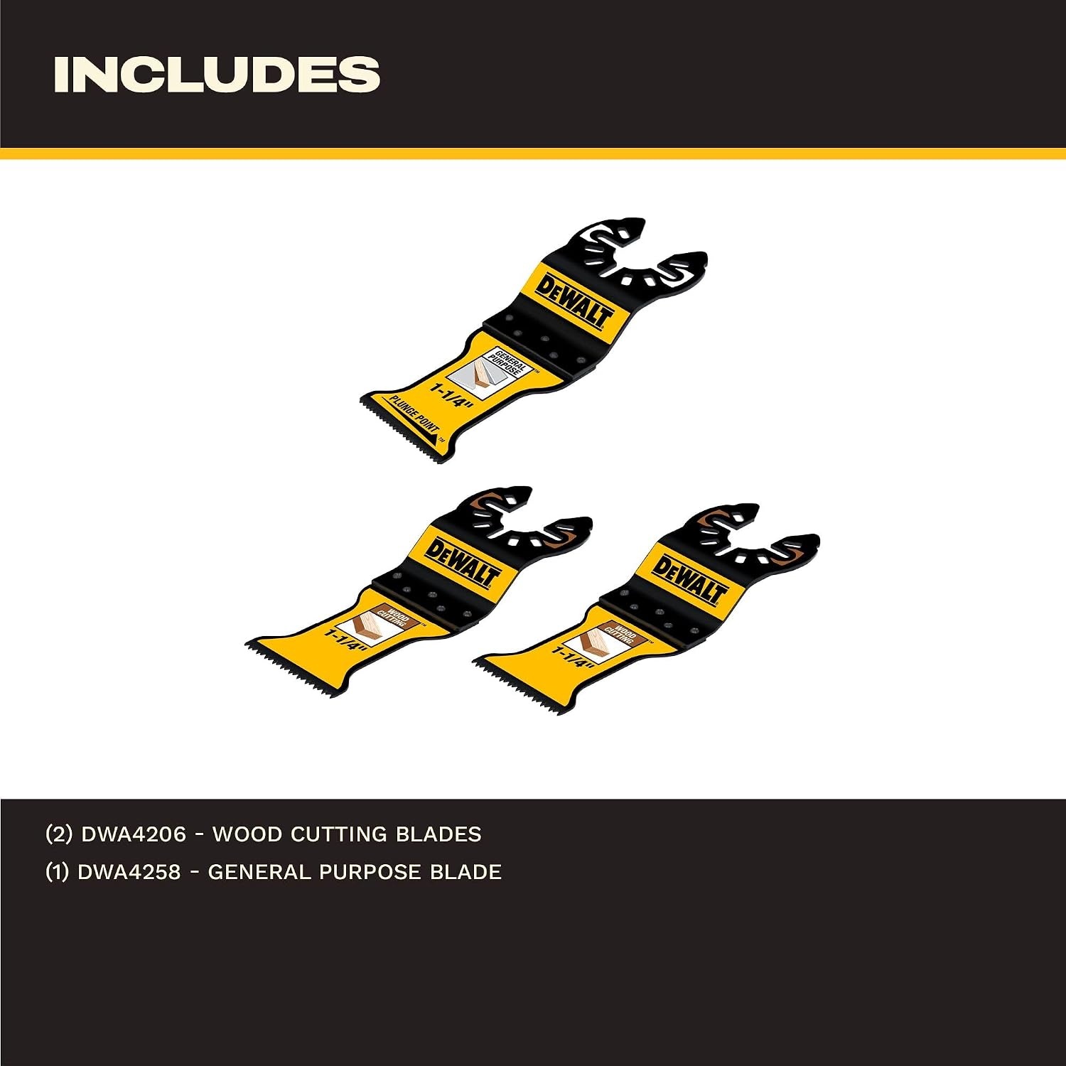 image:imageDEWALT 3 Piece Oscillating Tool Blade Set Wood and GeneralPurpose Durable Performance Coating Blade Assortment DWA4206BM3