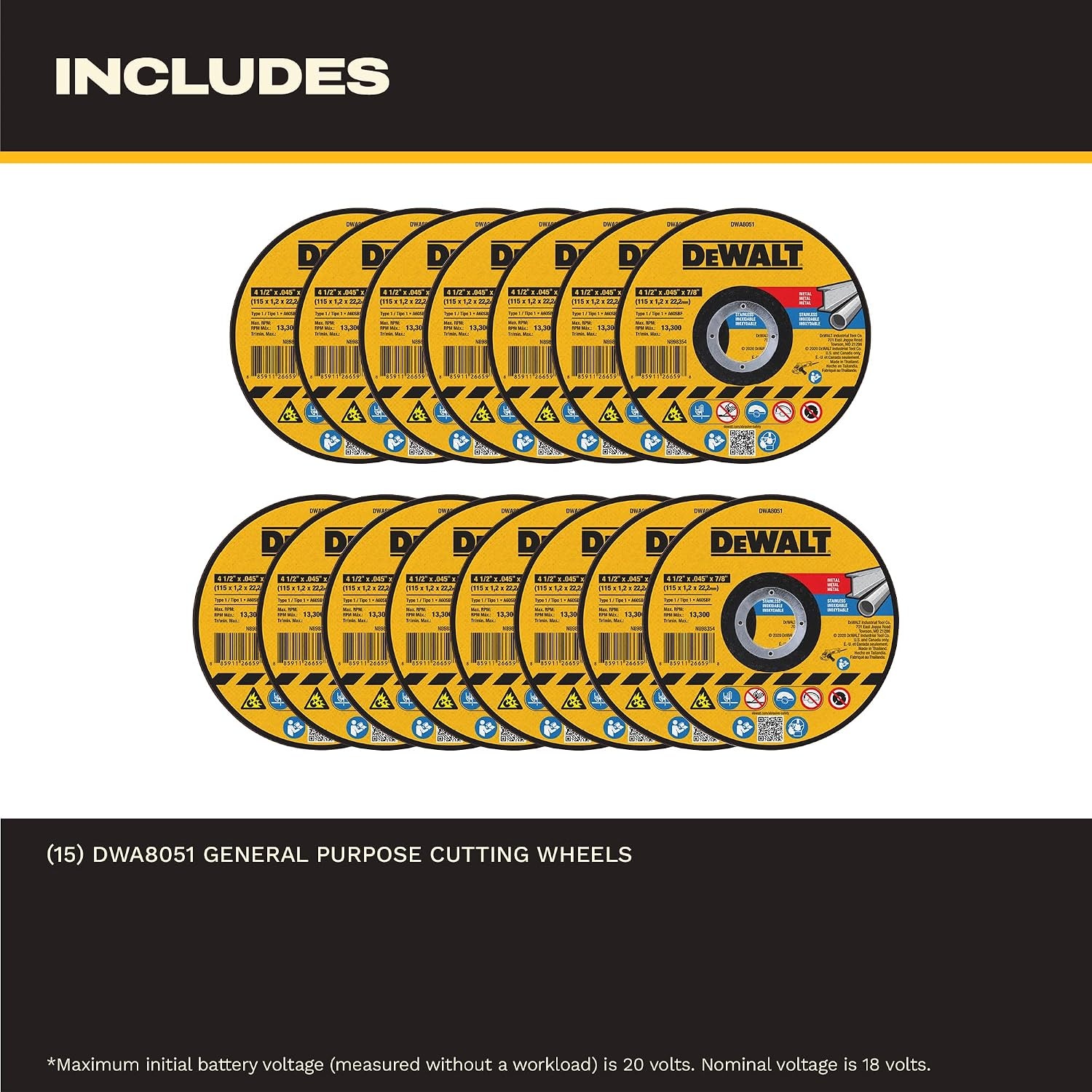image:imageDEWALT 412 In x 045 in Aluminum Oxide Bonded Abrasive Cut Off Blade with 78 in Arbor 15 Pack General Purpose Cutting Wheels DWA8051B15