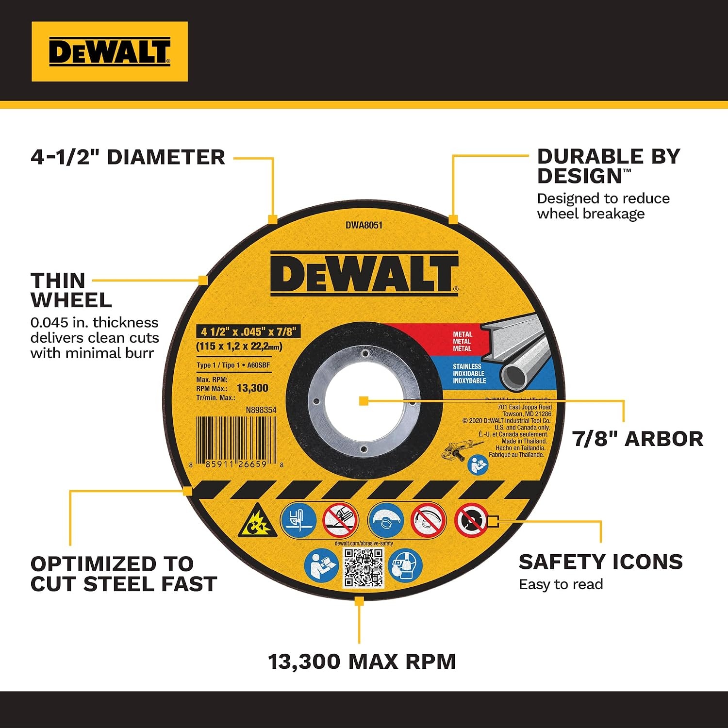 image:imageDEWALT 412 In x 045 in Aluminum Oxide Bonded Abrasive Cut Off Blade with 78 in Arbor 15 Pack General Purpose Cutting Wheels DWA8051B15