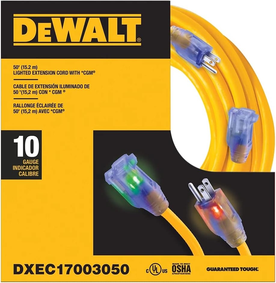 image:imageDEWALT 50 Foot 103 SJTW Lighted Extension Cord Heavy Duty Outdoor Waterproof Weatherproof Heat amp Corrosion Resistant Industrial Strength Light Up Prong Outlet Plug Power Cord50 ft