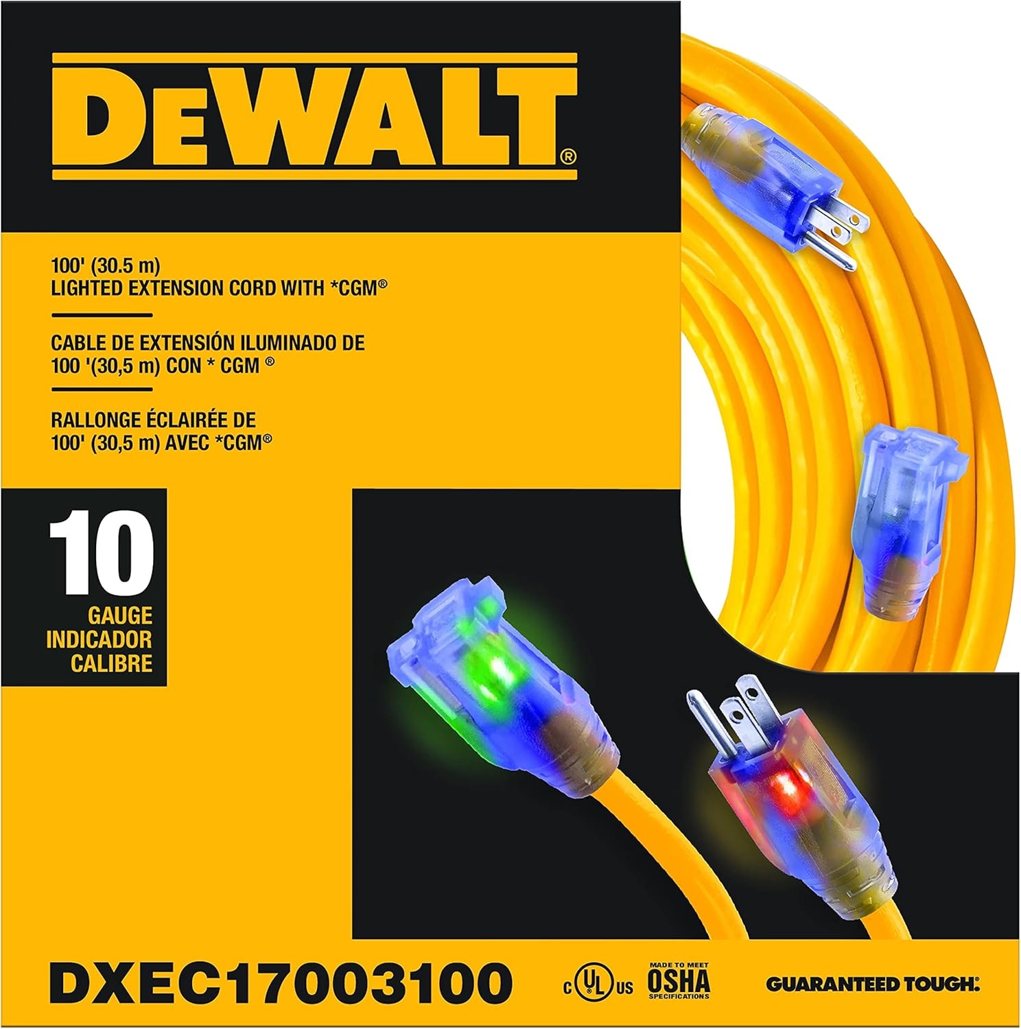 image:imageDEWALT 50 Foot 103 SJTW Lighted Extension Cord Heavy Duty Outdoor Waterproof Weatherproof Heat amp Corrosion Resistant Industrial Strength Light Up Prong Outlet Plug Power Cord100 ft
