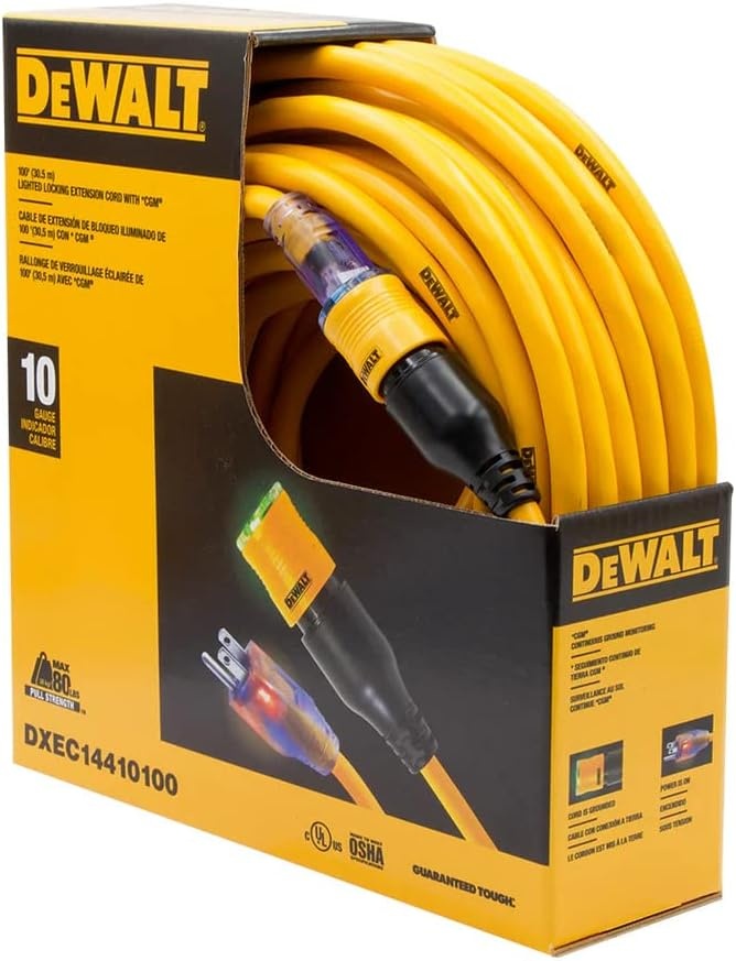 image:imageDEWALT 50 Foot Extension Cord Lighted ClicktoLock 103 SJTW Heavy Duty Outdoor Waterproof Weatherproof Heat amp Corrosion Resistant Industrial Strength Light Up Three Prong Outlet Plug Power Cord100 ft