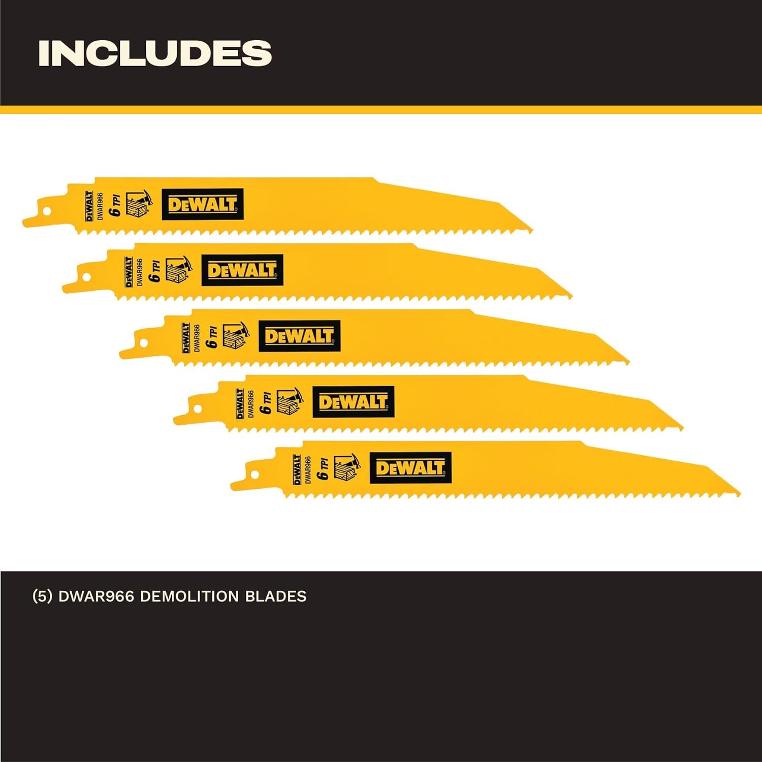 image:imageDEWALT 9in 6 TPI Metal Cutting BiMetal Reciprocating Saw Blades 5 Pack DWAR966